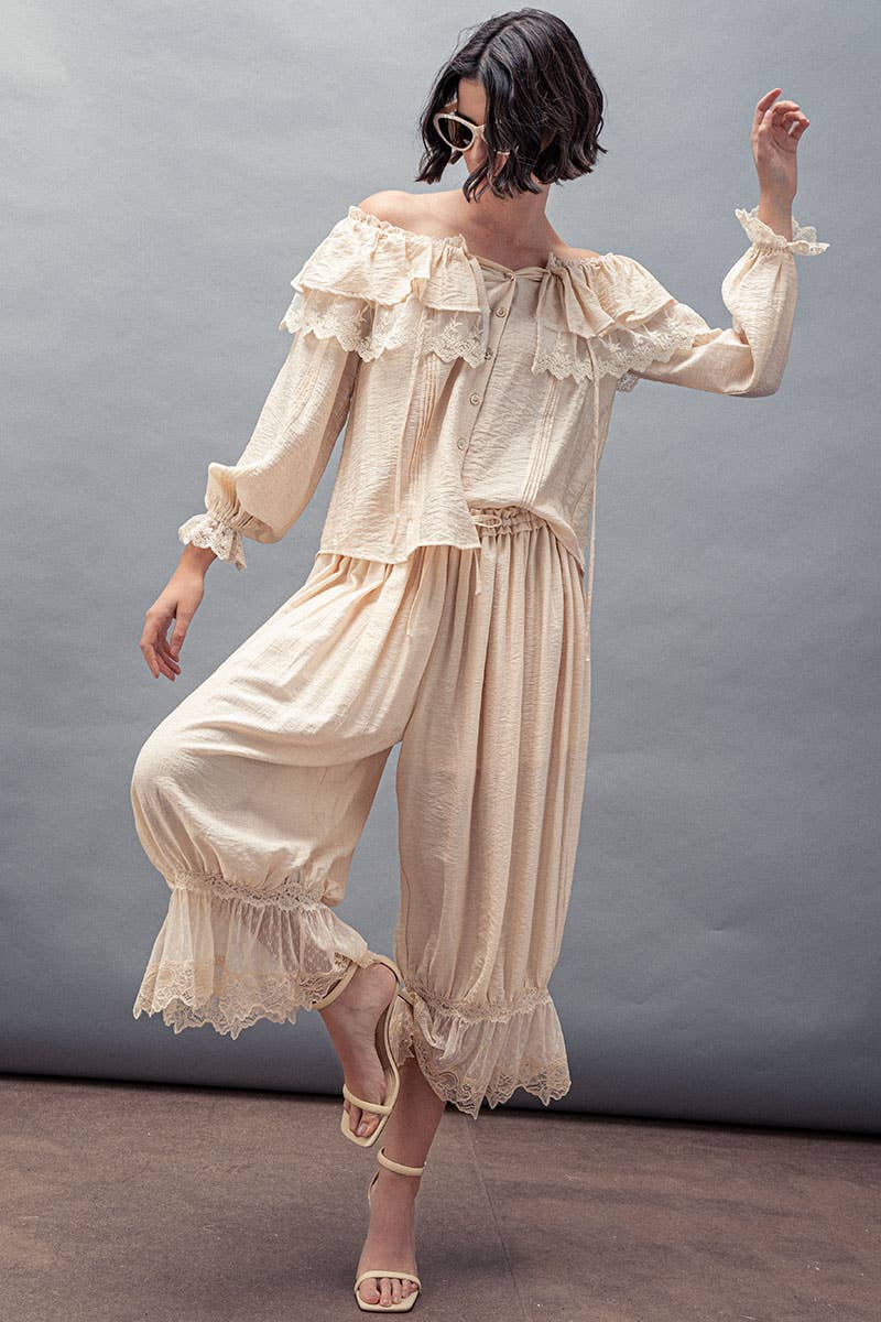 Lace Trim Ruffle Tie Neck Spring Blouse Top