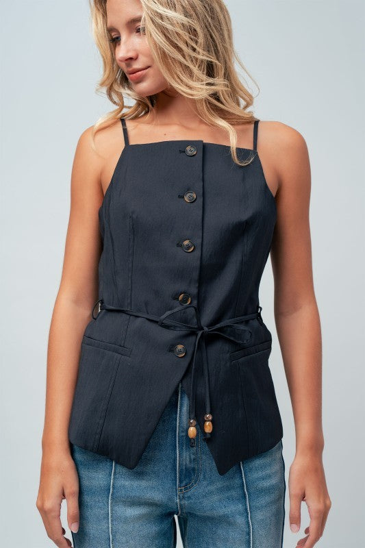 Buttoned Tie-Waist Cami Top in BLACK - Women's Tops | Urban Daizy