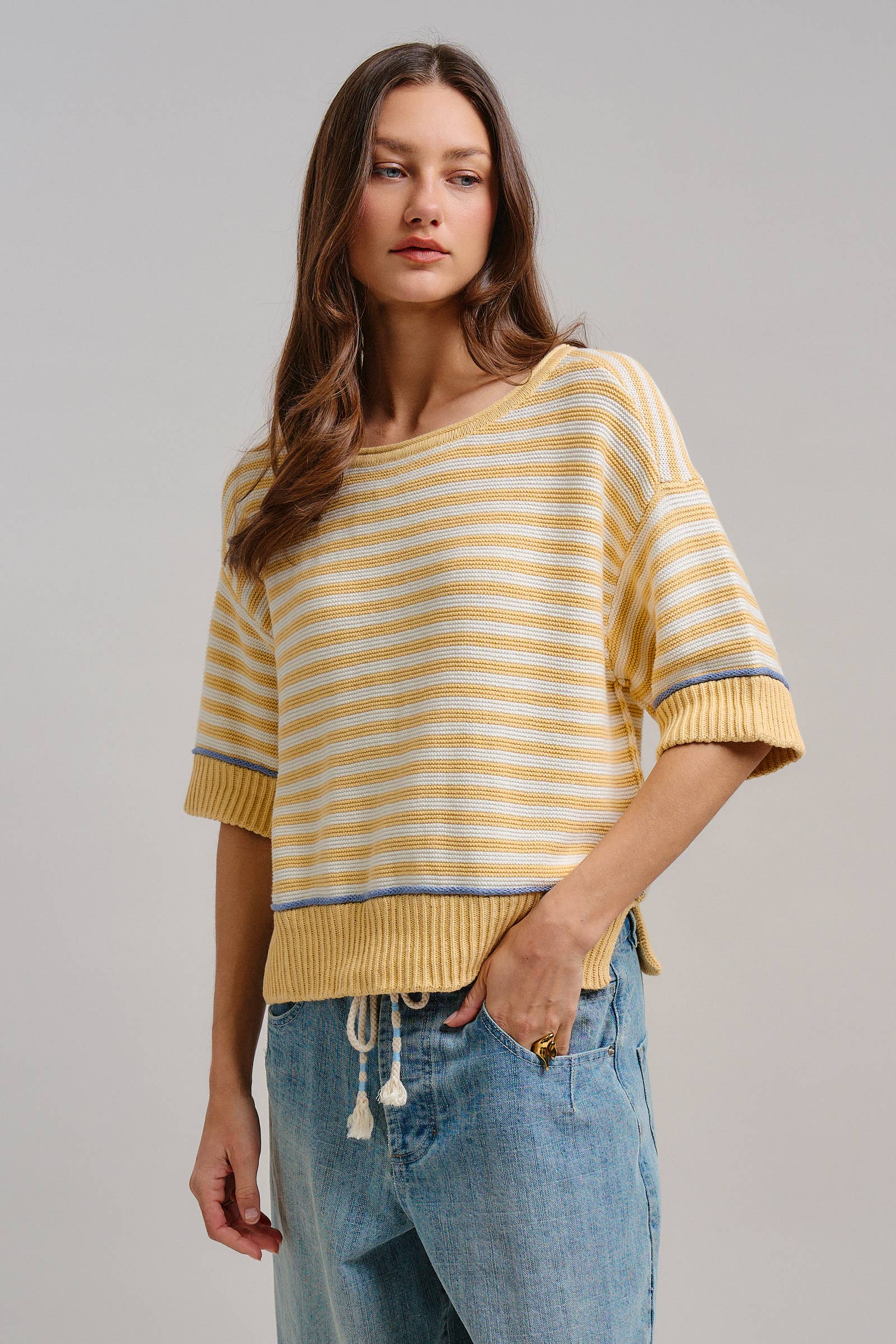 Yellow Striped Contrast Trim Sweater Tee