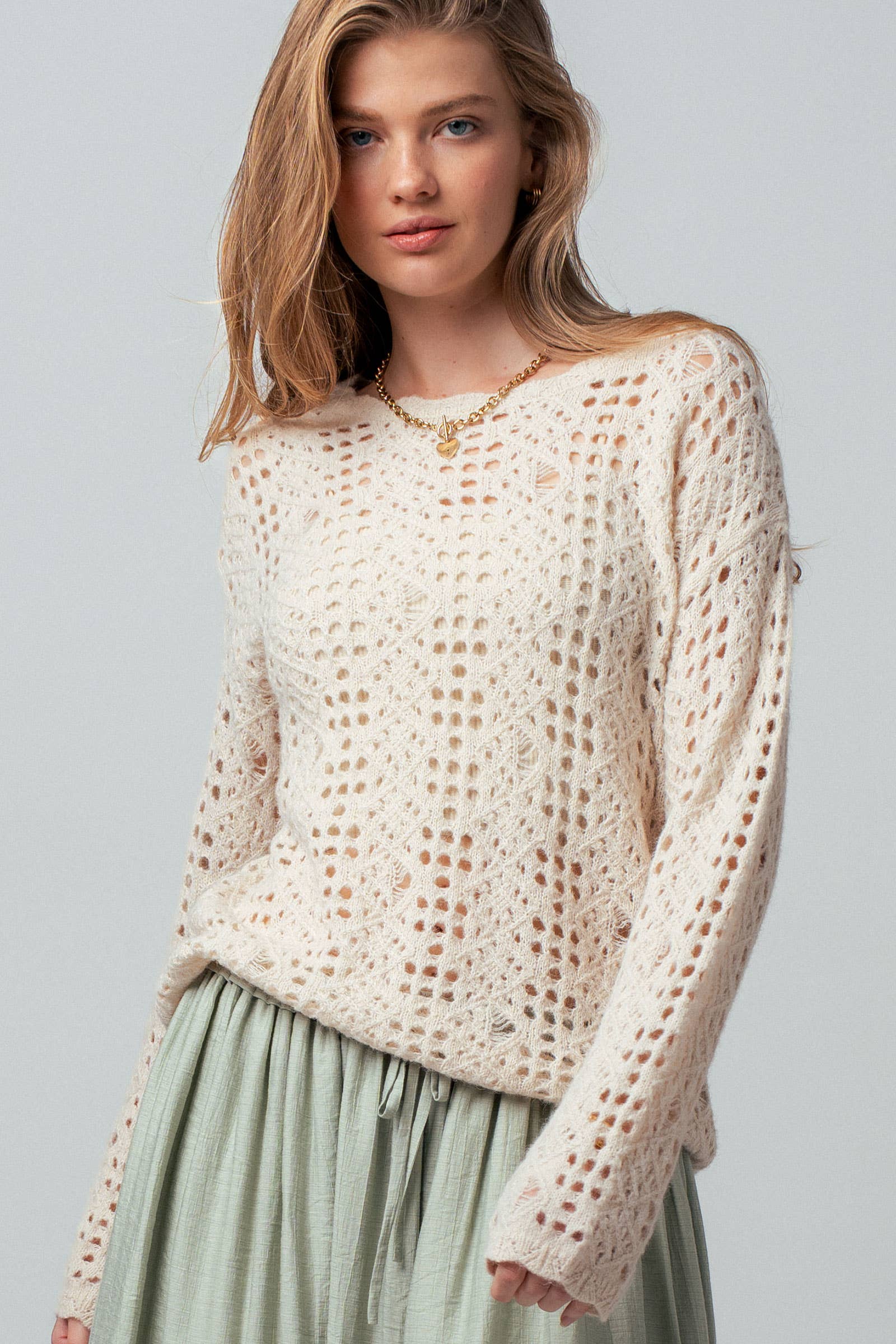 Urban Daizy Relaxed Open-Knit Crochet-Style Sweater Natural Knit Sweater - Women's (UDZ-KN-00994)