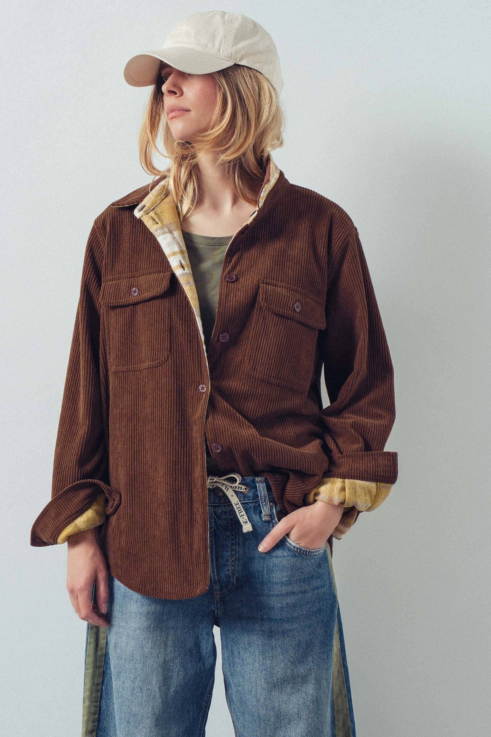Urban Daizy Plaid Flannel-Lined Corduroy Shacket Taupe Shirt Jacket/Shacket - Women's (UDZ-KN-00150) – alternate view 33