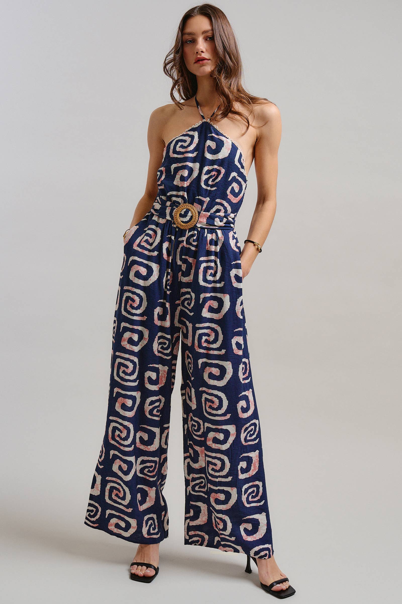 Urban Daizy Geometric Print Halter Belted Wide Leg Jumpsuit Blush Jumpsuit - Women's (TNJU0181-Blush) – alternate view 3