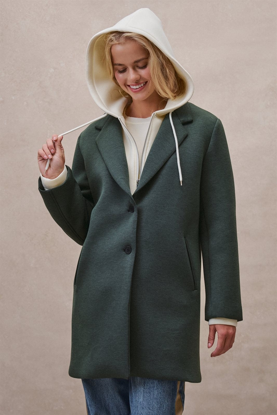Scuba Topcoat with Detachable Hoodie in OLIVE - Women's Coats | Urban Daizy
