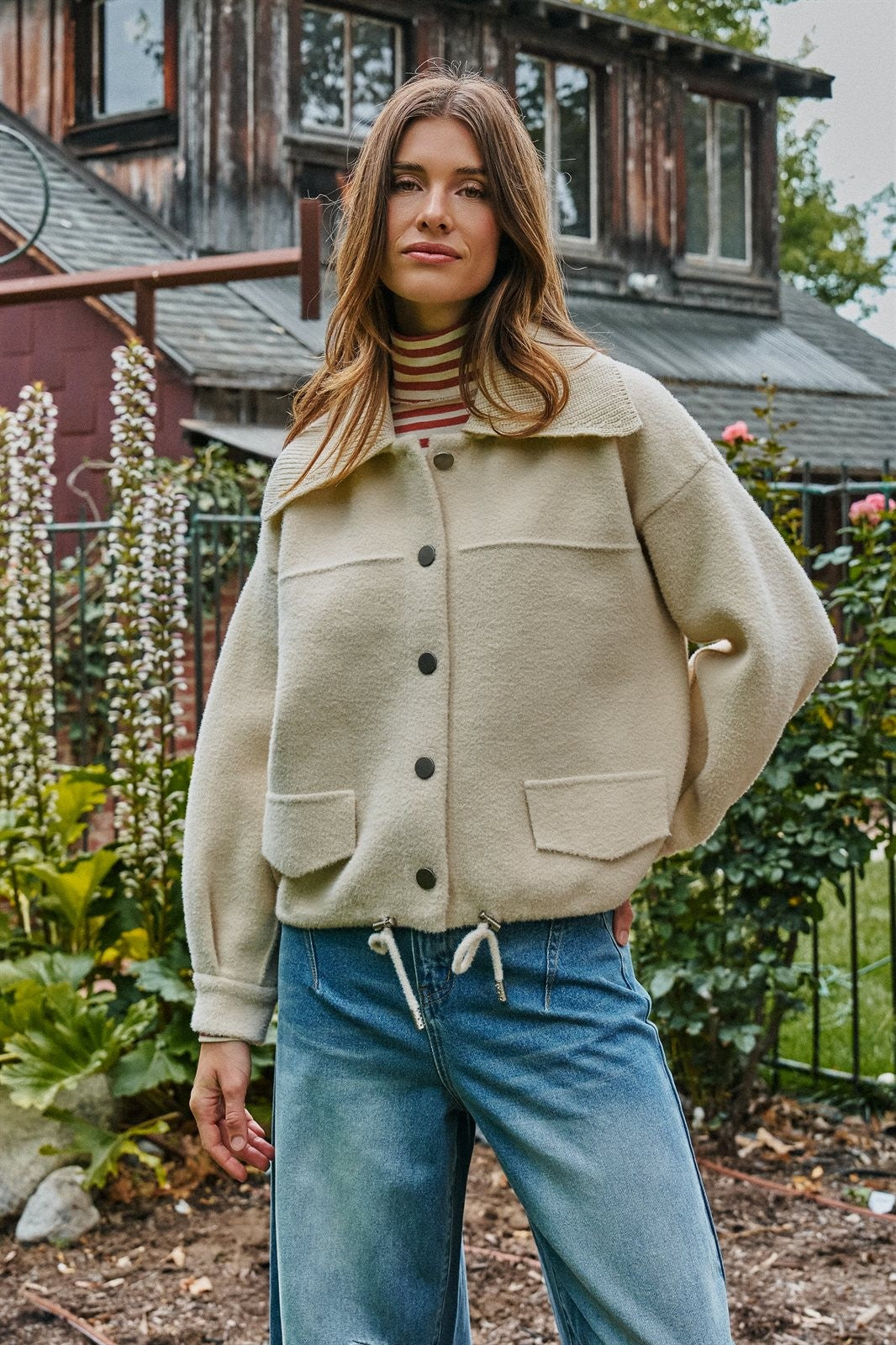 Sweater Knit Button Front Jacket with Detachable Collar in IVORY - Women's Jackets & Blazers | Urban Daizy