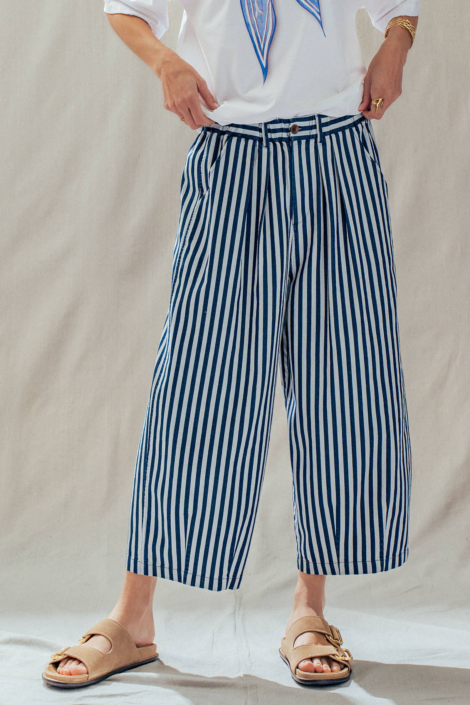 Striped Pleated Wide Leg Culotte Pants