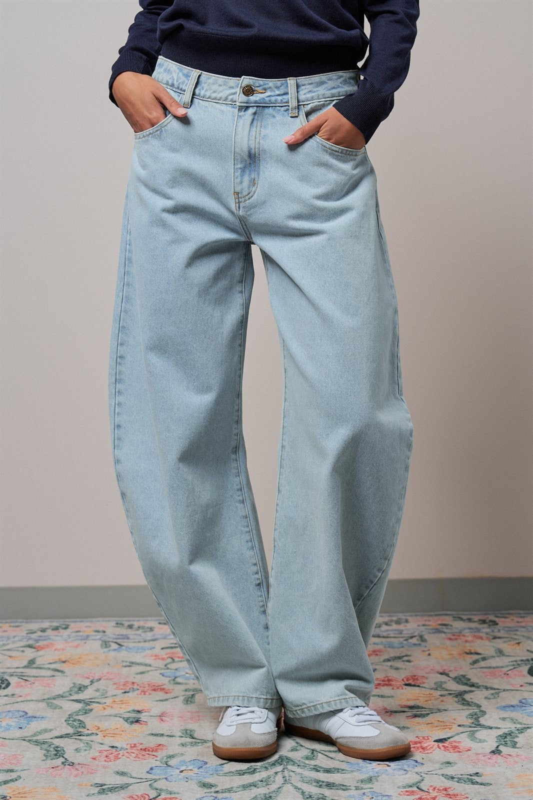 Light Wash Curved Barrel Leg Wide Jeans in LT BLUE - Women's Casual Pants | Urban Daizy