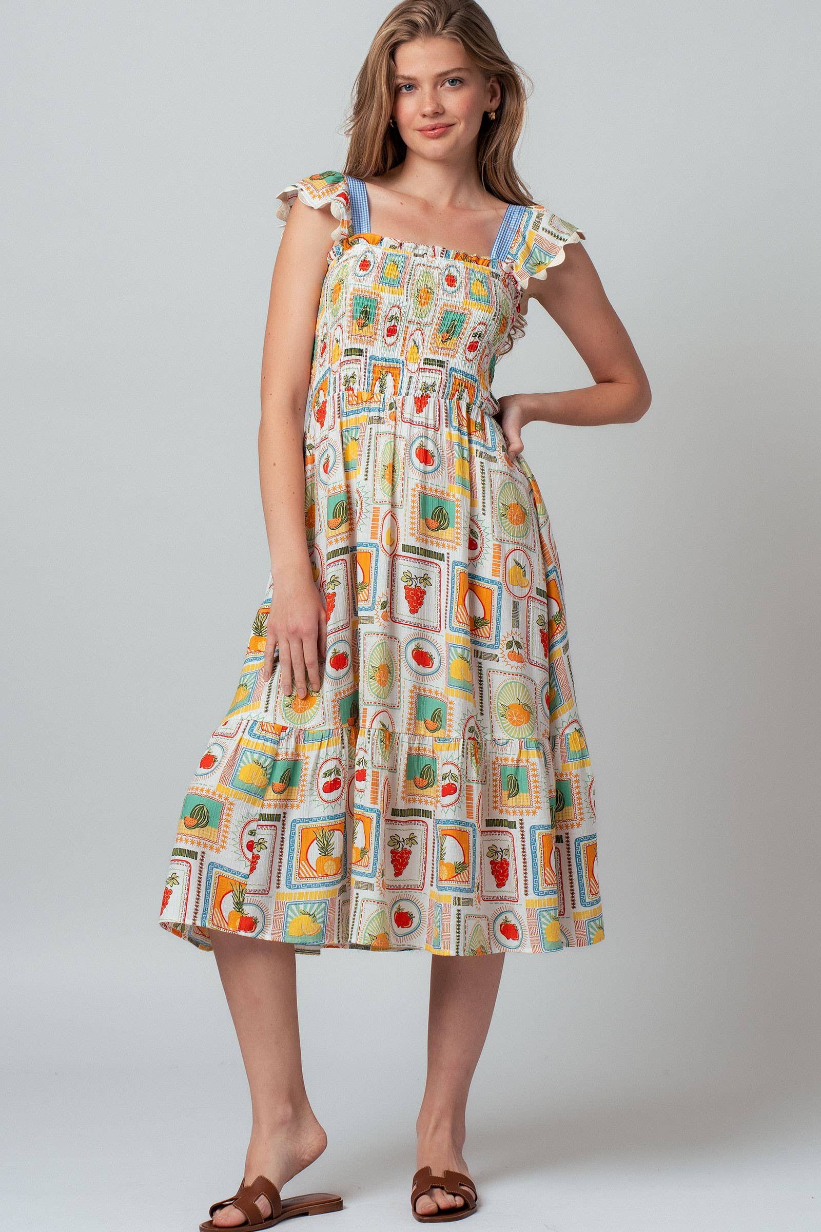 Novelty Stamp Print Smocked Midi Dress