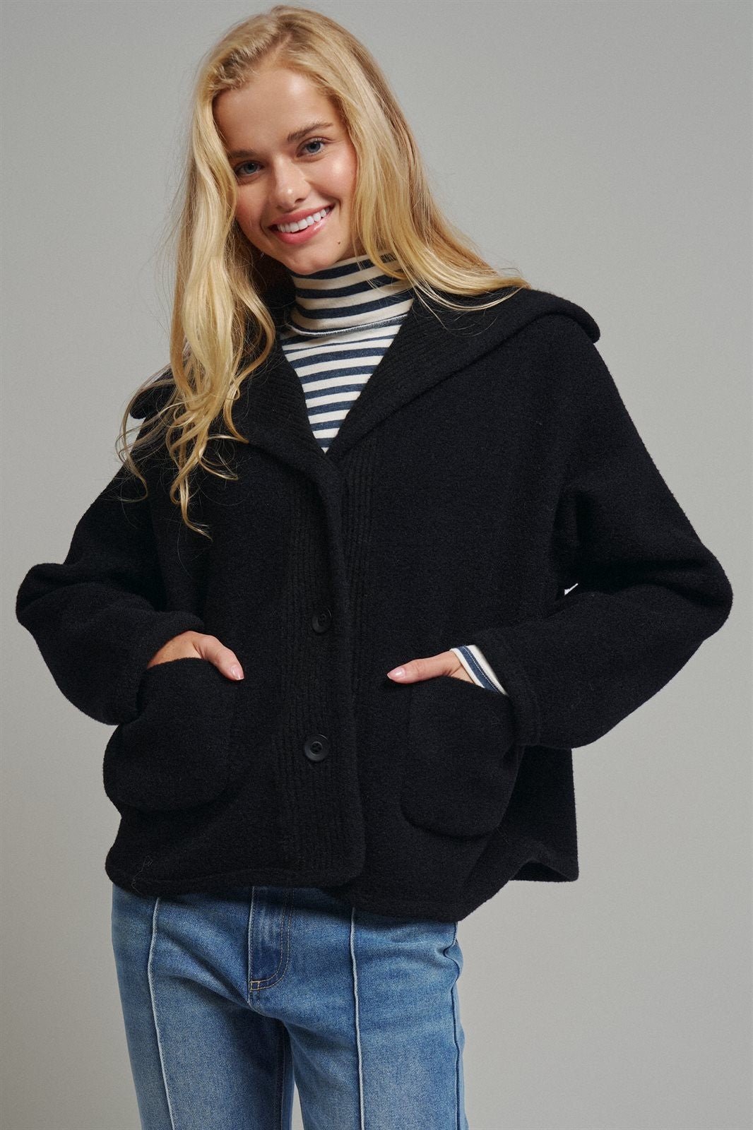 Hooded Button-Front Wool Blend Short Jacket in BLACK - Women's Jackets & Blazers | Urban Daizy