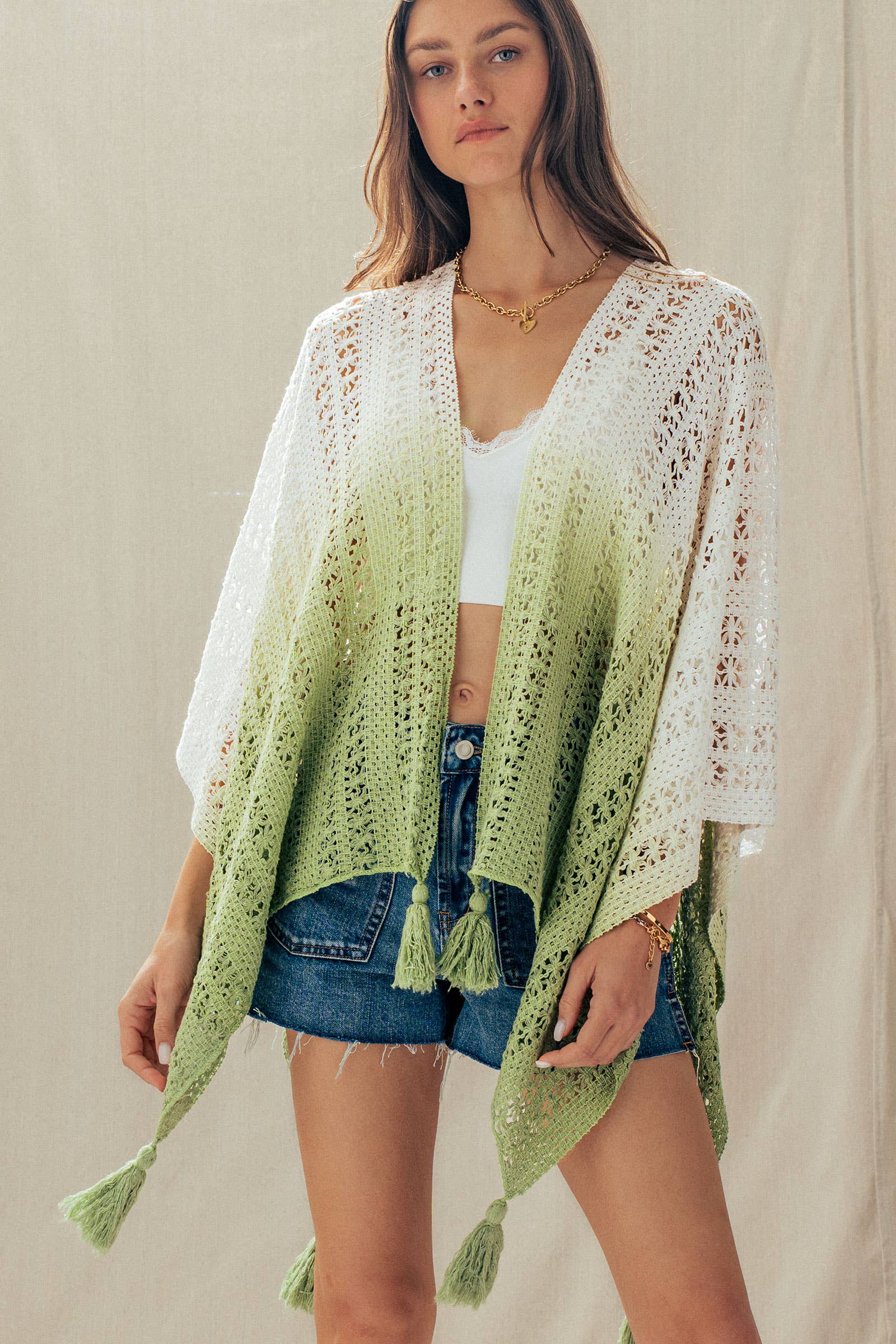 Urban Daizy Ombre Crochet Knit Poncho Tassel Cover-Up Sage Poncho - Women's (UDZ-OT-00492) – alternate view 18