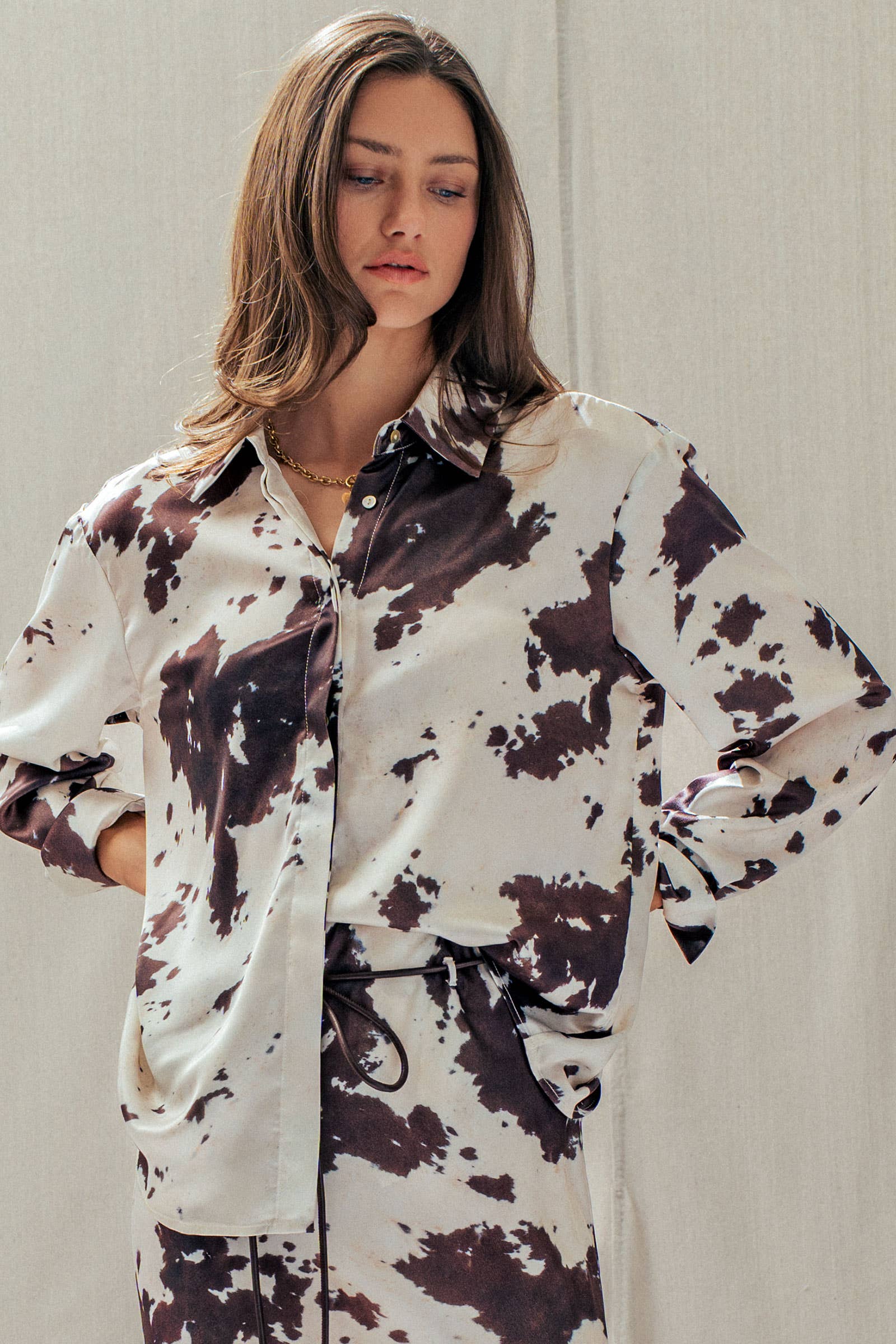 Urban Daizy Cowhide Print Western Button Down Shirt Animal-Print Button Down Shirt - Women's (UDTP1224) – alternate view 7