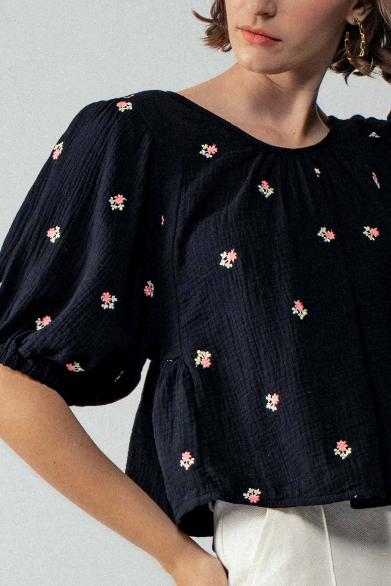Urban Daizy Floral Embroidered Gauze Blouse Black Blouse - Women's (UDZ-TP-00728) – alternate view 5