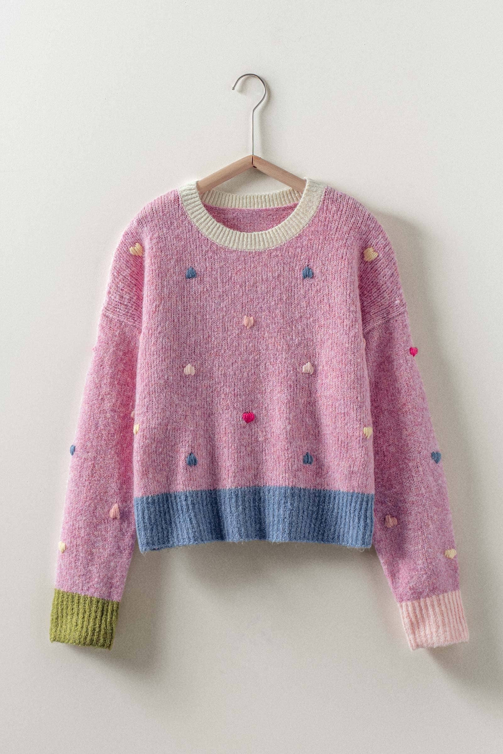 Urban Daizy Embroidered Heart Colorblock Knit Sweater Pink Knit Sweater - Women's (UDZ-TP-00816)