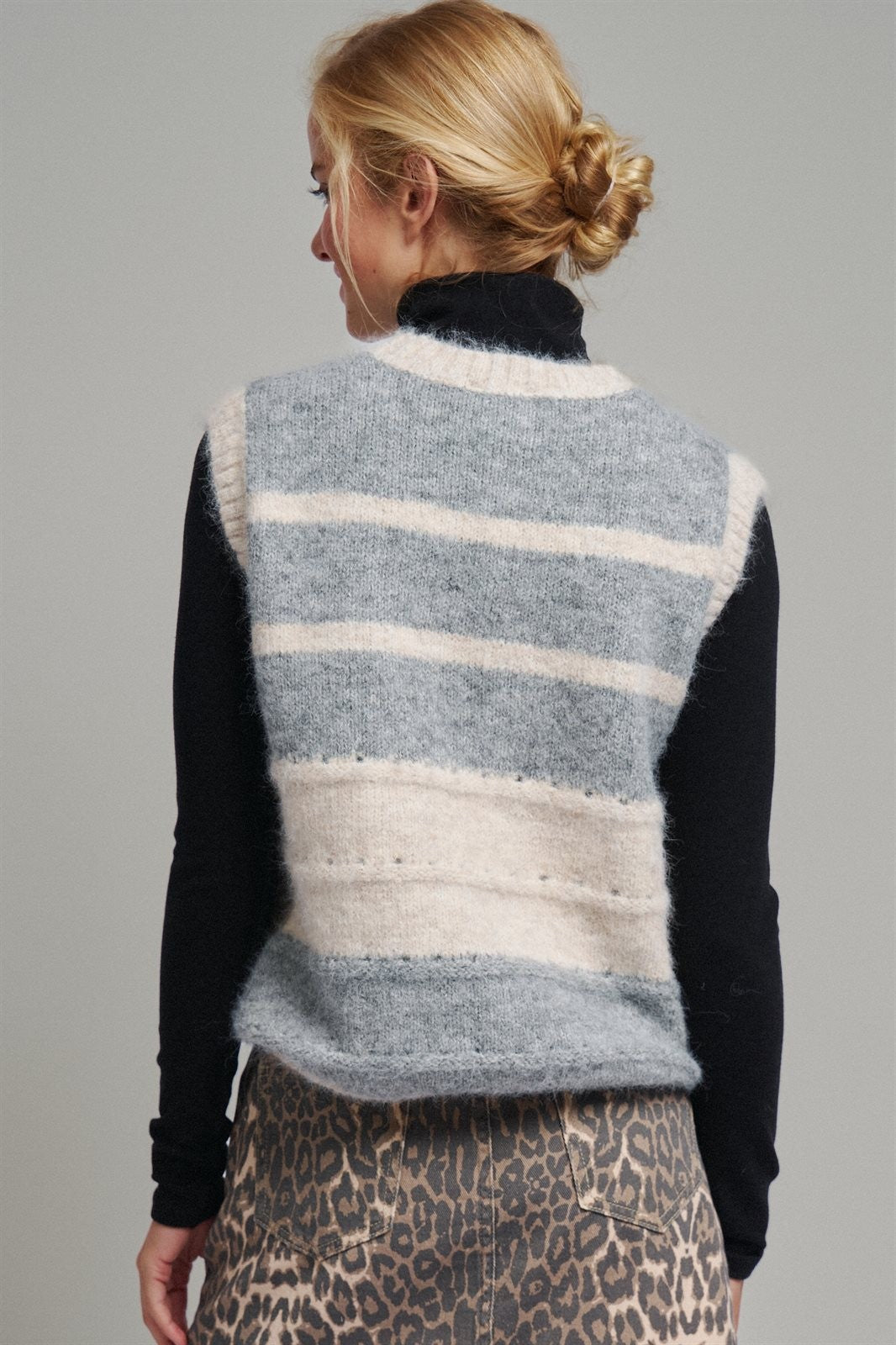 Striped Fuzzy Knit Sweater Vest in GREY - Women's Sweater Vests | Urban Daizy