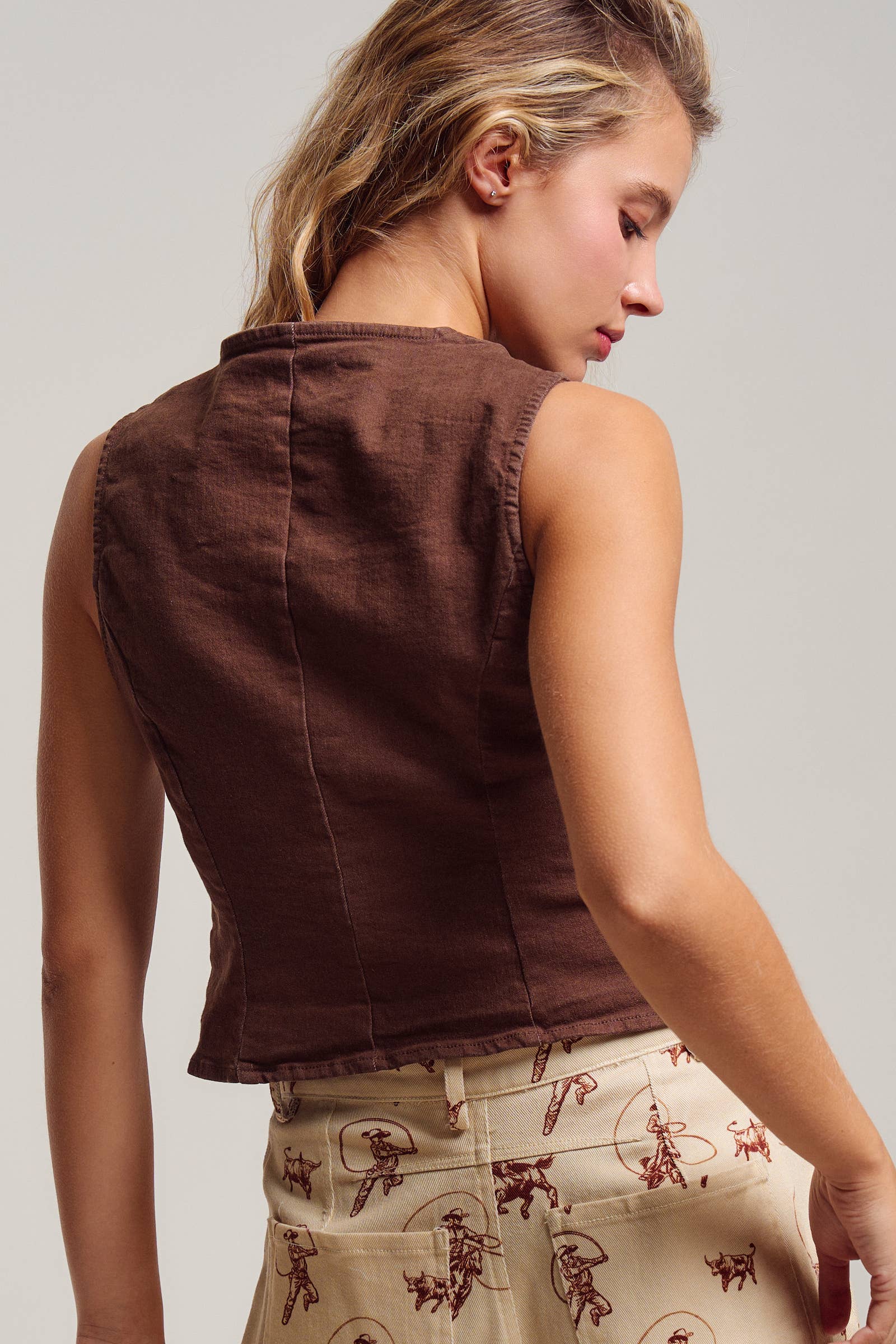 Fitted Gold Button Front Denim Vest