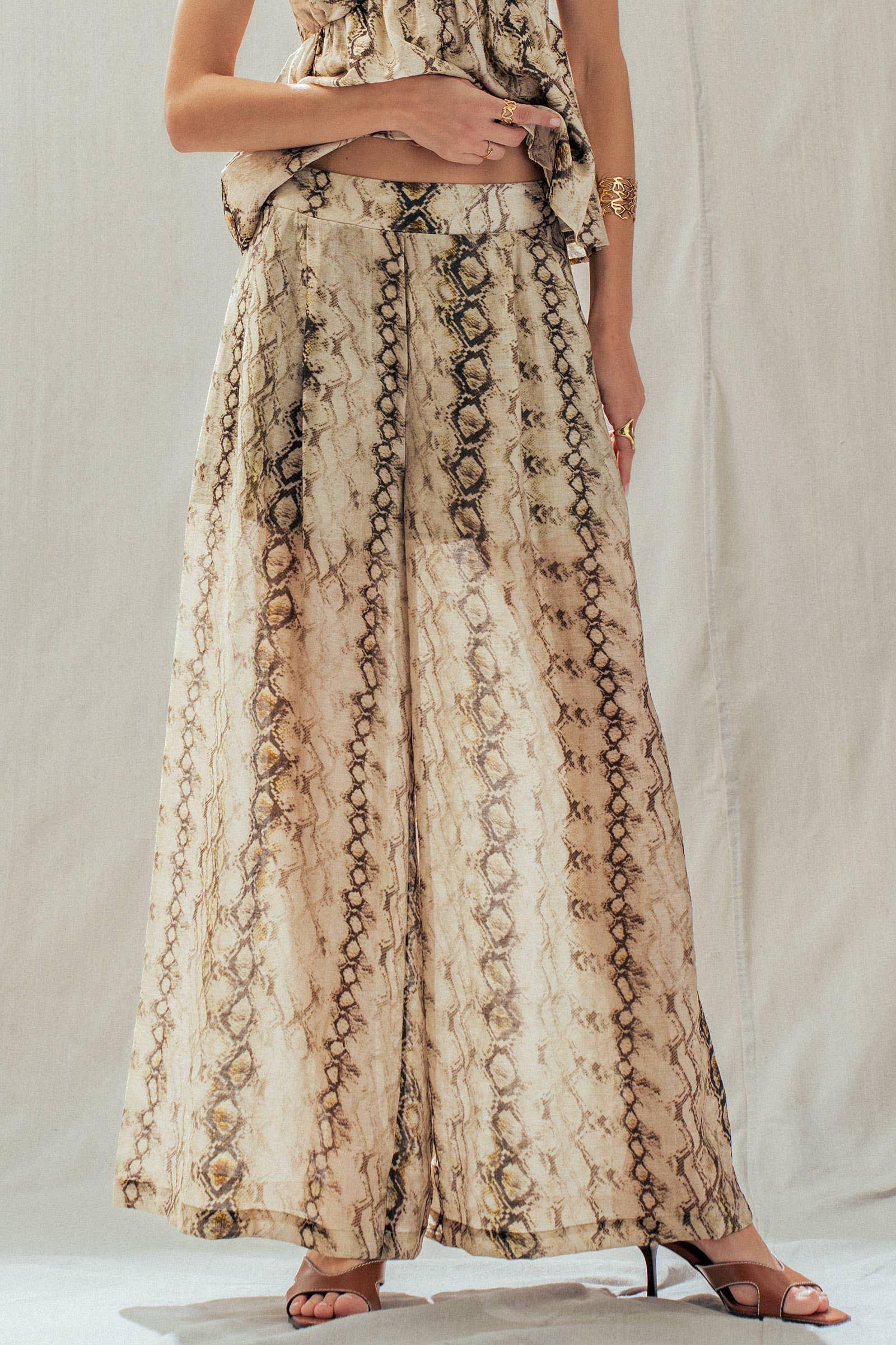 Snake Print Wide Leg Pants Linen Blend