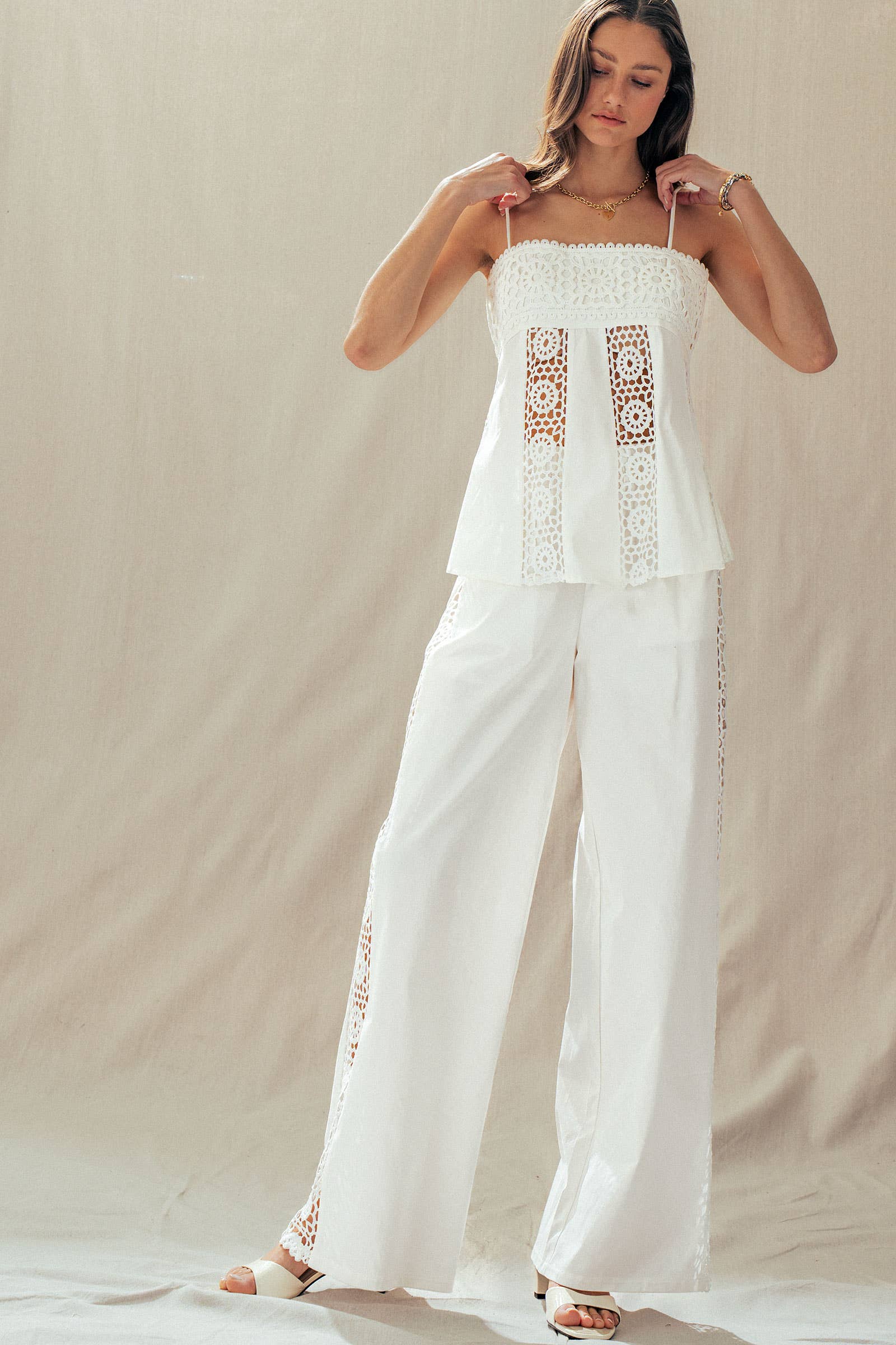 Cotton Eyelet Two-Piece Set Peplum Cami & Pants