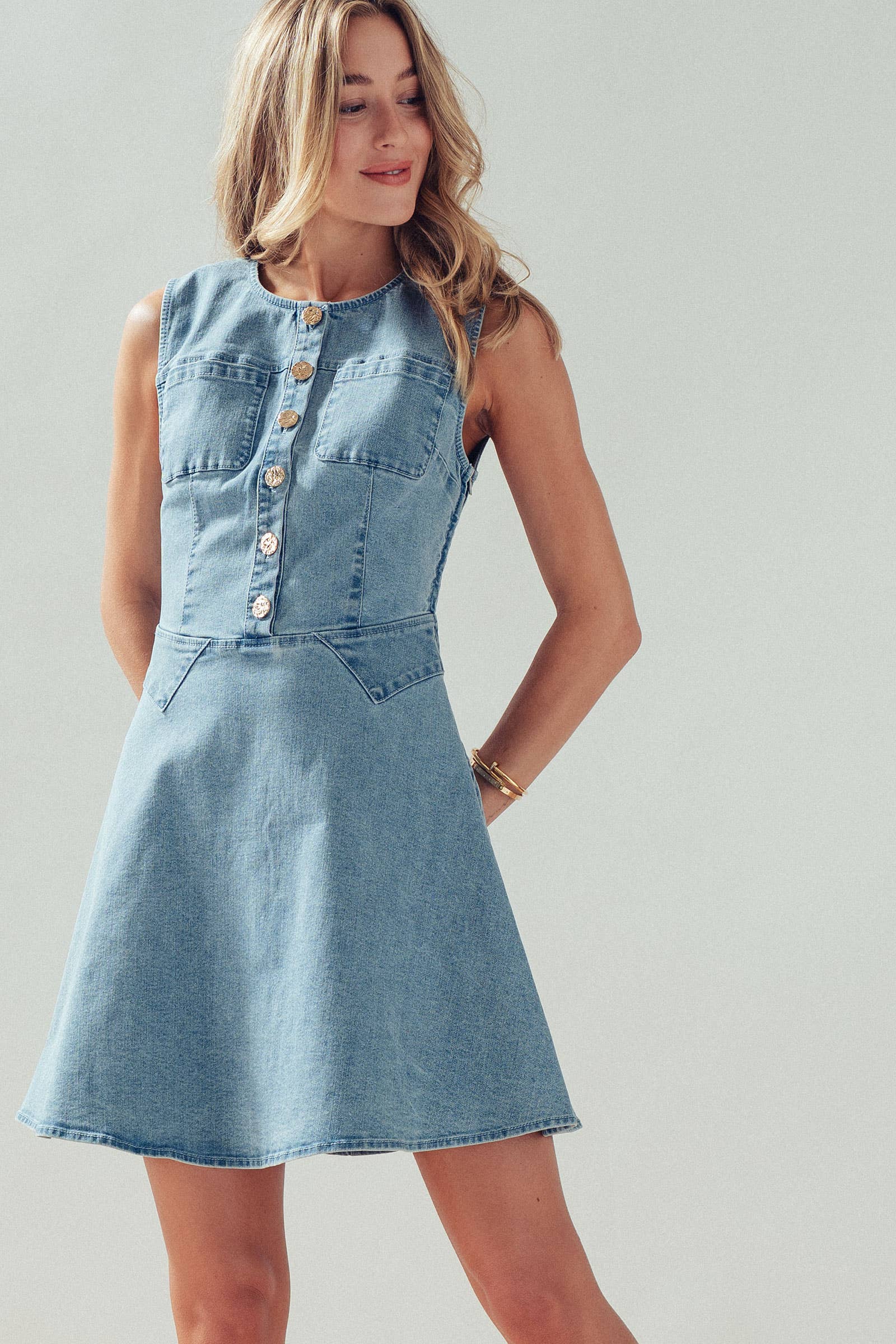 Urban Daizy Button Front Sleeveless Stretch Denim Mini Dress Lt-Pink Dress - Women's (UDZ-DR-00500) – alternate view 6