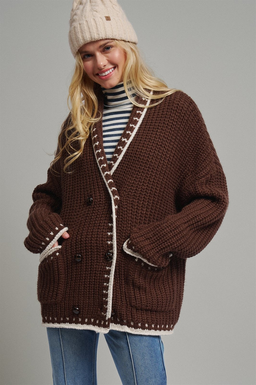 Chunky Knit Cardigan Sweater with Stitch Looks in BROWN - Women's Cardigans & Shrugs | Urban Daizy