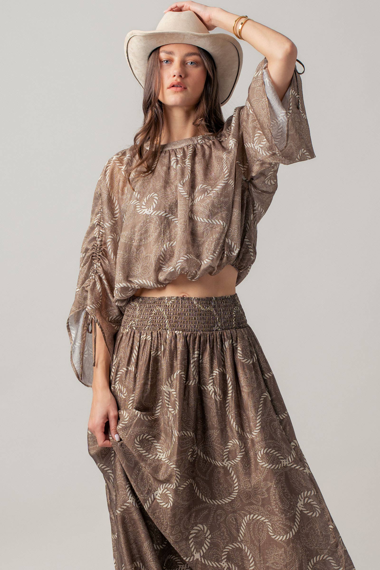 Rope Print Ruched Sleeve Blouse Linen Silk Blend