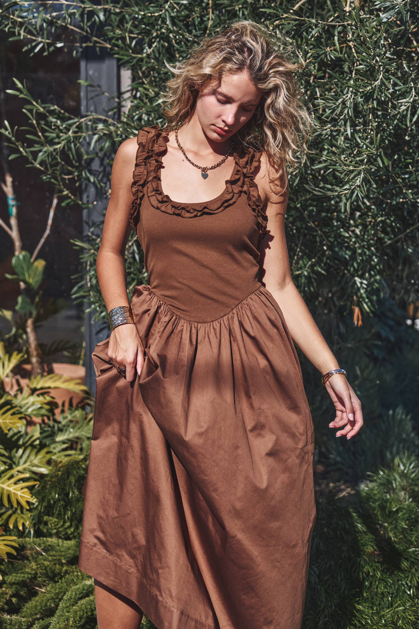 Urban Daizy Ribbed Knit & Poplin Drop Waist Midi Dress Brown Dress - Women's (UDZ-DR-00528)