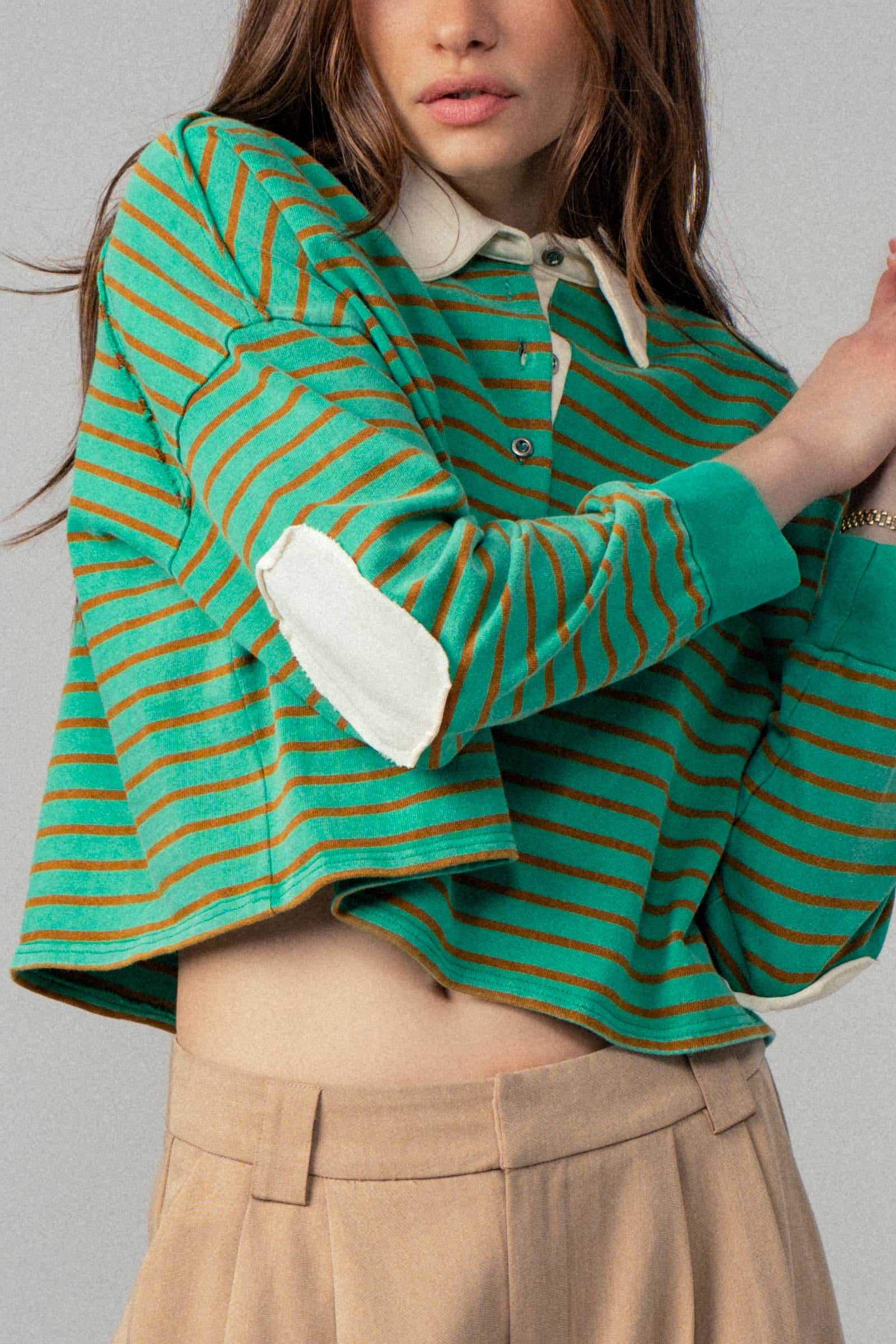 Urban Daizy Playful Cropped Stripe Cotton Top Black-White Polo - Women's (UDZ-PT-00355) – alternate view 20