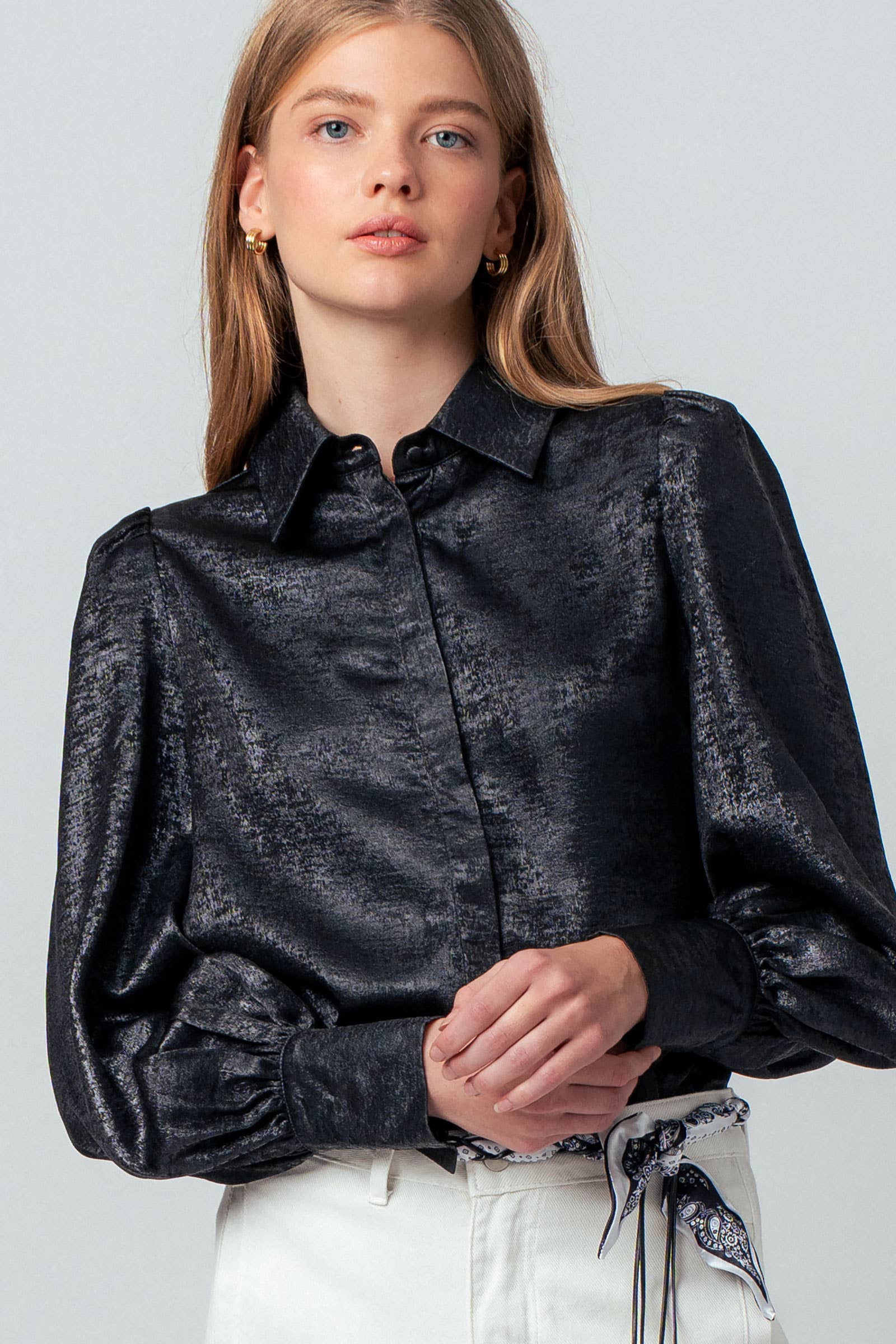 Metallic Billowy Sleeve Button Down Blouse