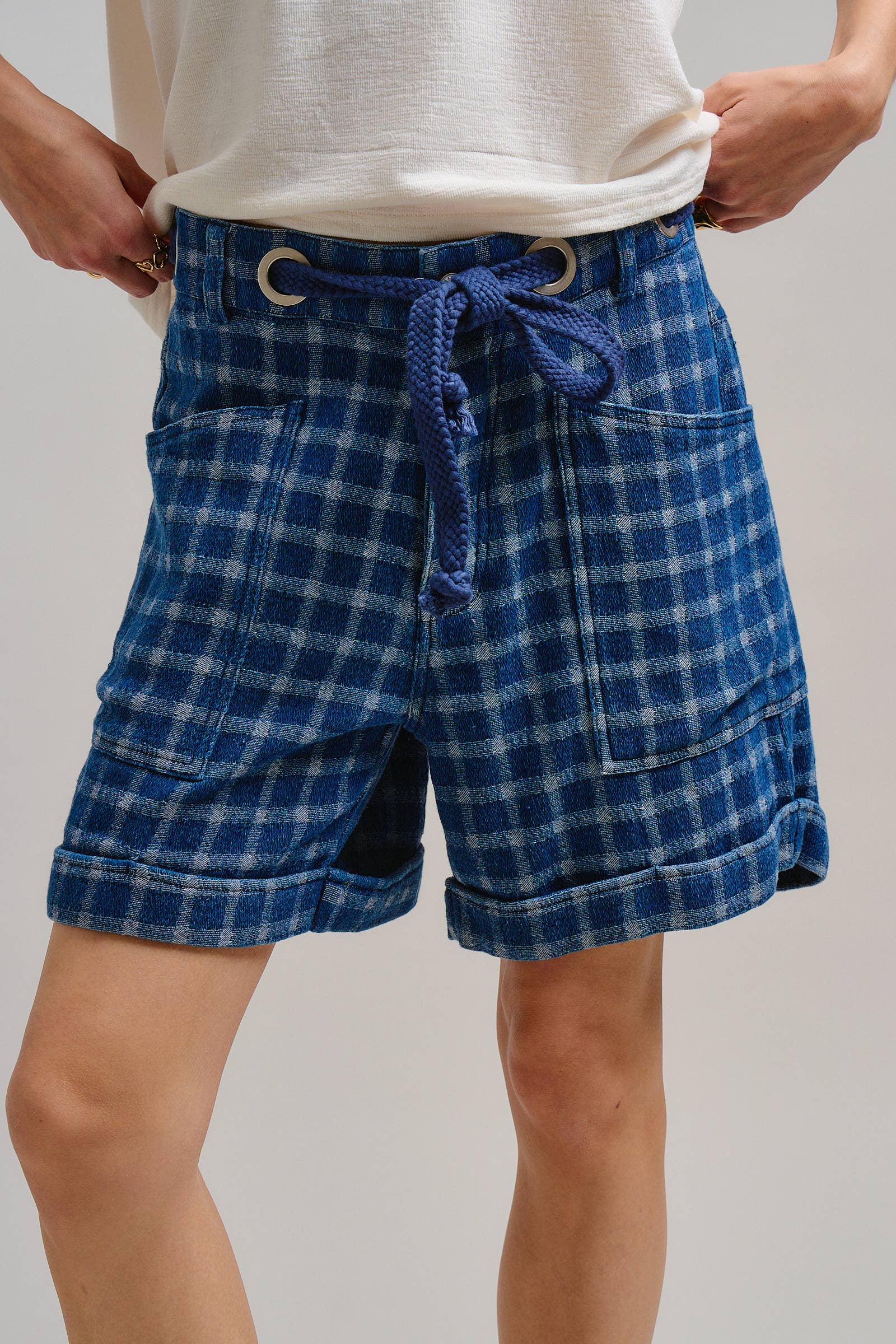 Plaid Cotton Blend Shorts Rope Drawstring
