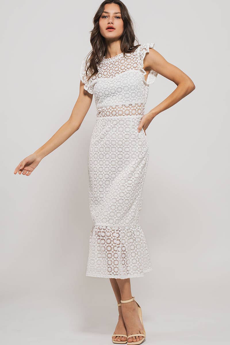 Urban Daizy White Lace Scalloped Ruffle-Sleeve Midi Dress White Dress - Women's (UDZ-DR-00345) – alternate view 10