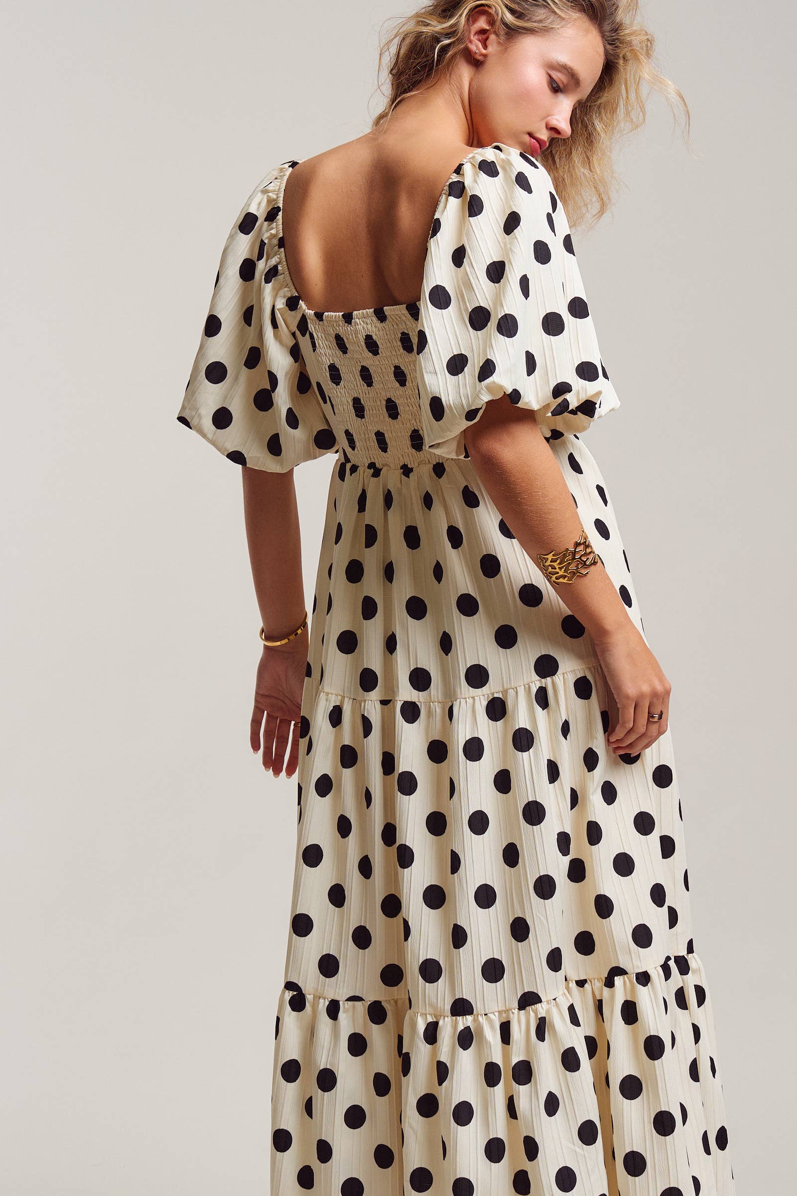 Urban Daizy Textured Polka Dot Tie-Front Puff Sleeve Maxi Dress Ivory Dress - Women's (TNDR1408-Ivory) – alternate view 10