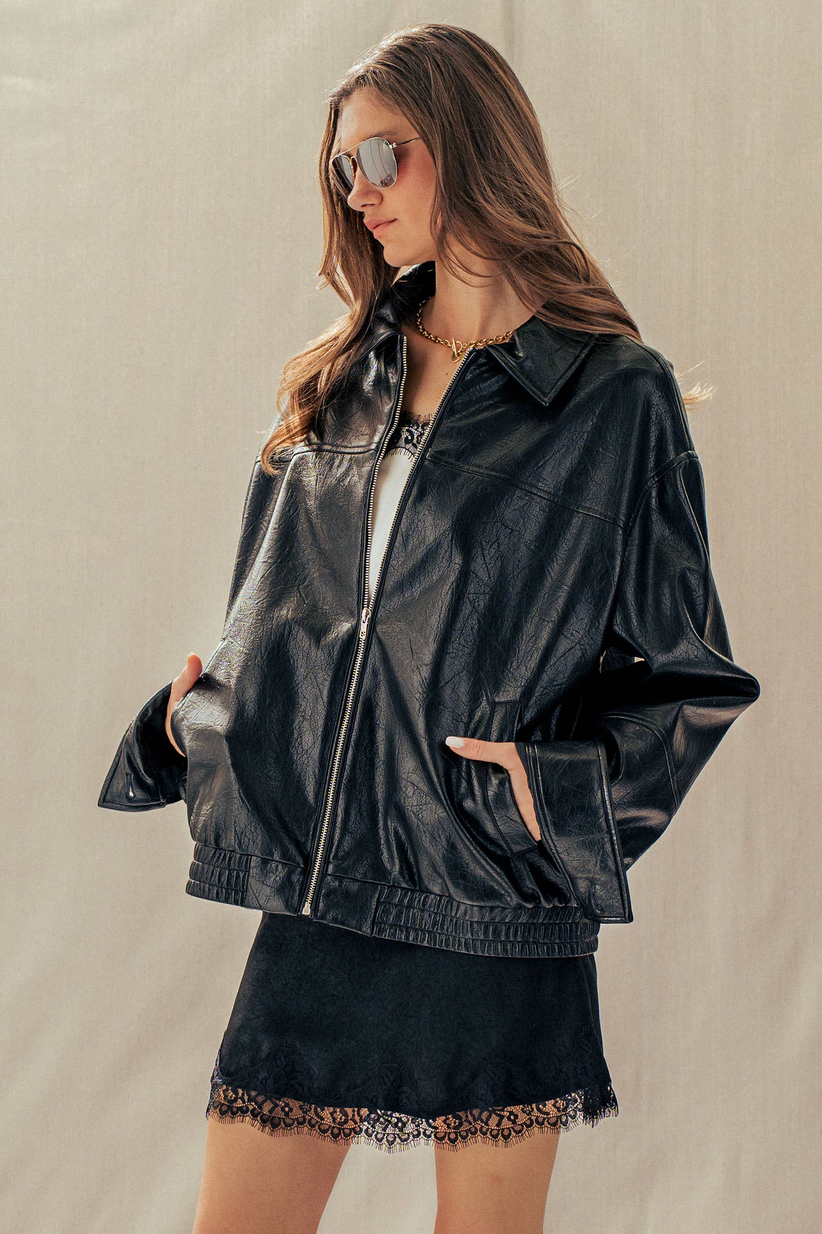 Relaxed Faux Leather Zip-Up Statement Jacket