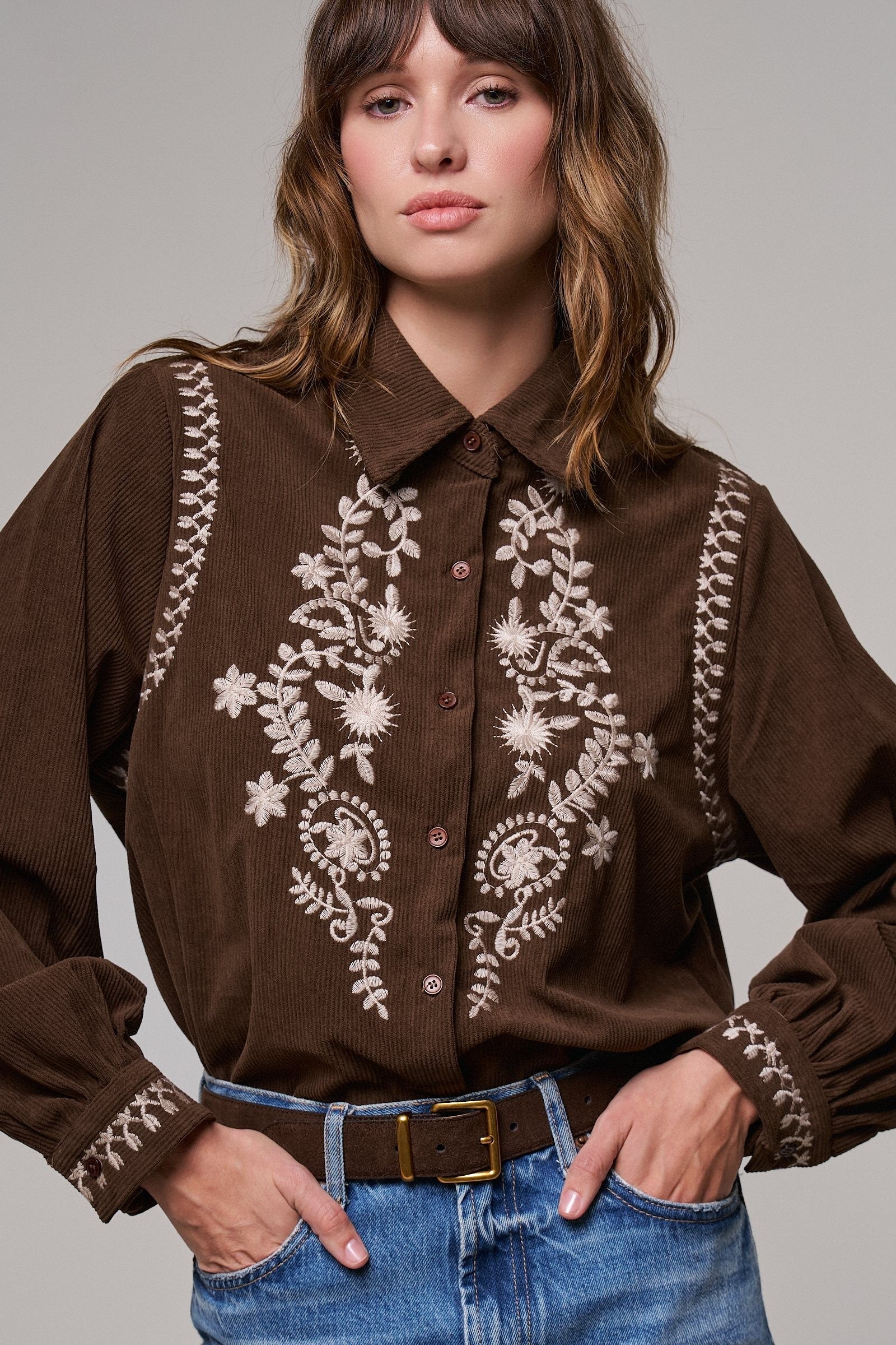 Embroidered Corduroy Western Shirt with Floral Stitch in BROWN - Women's Shirts & Blouses | Urban Daizy
