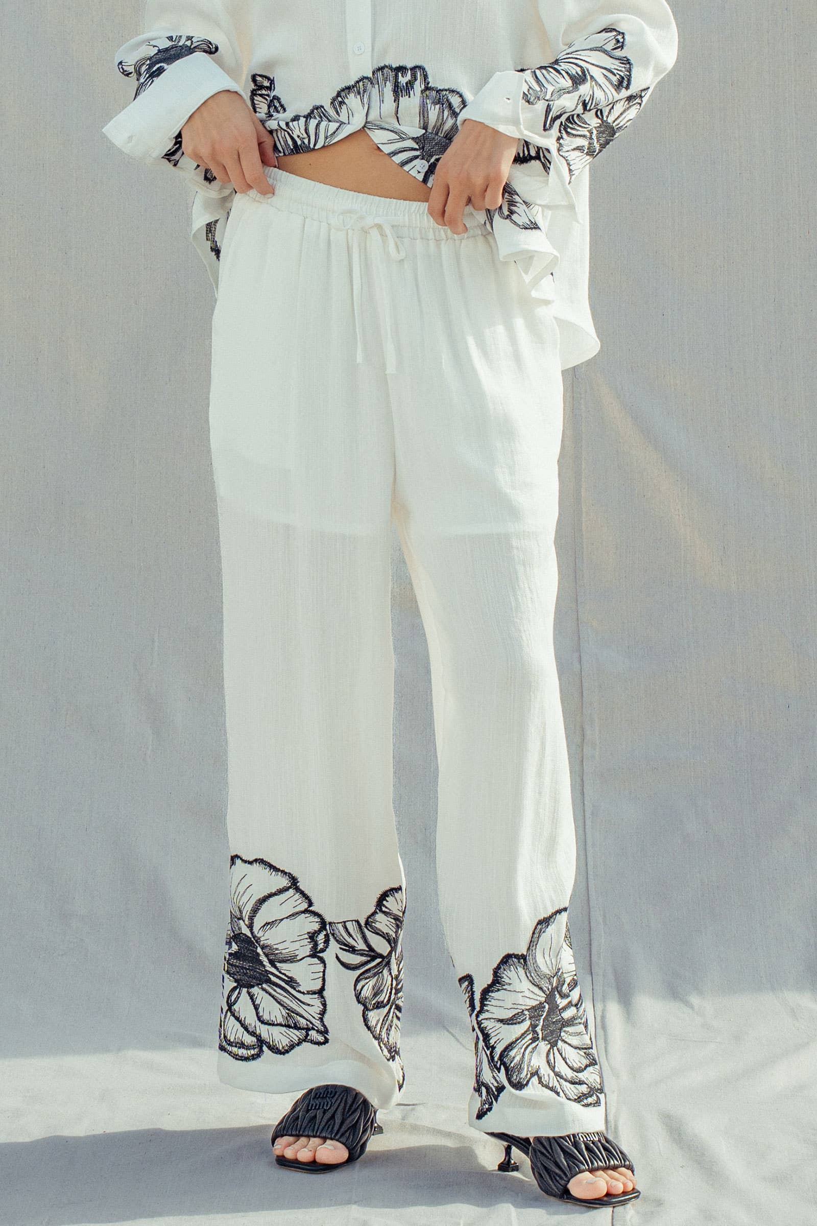 Floral Embroidered Wide Leg Drawstring Pants