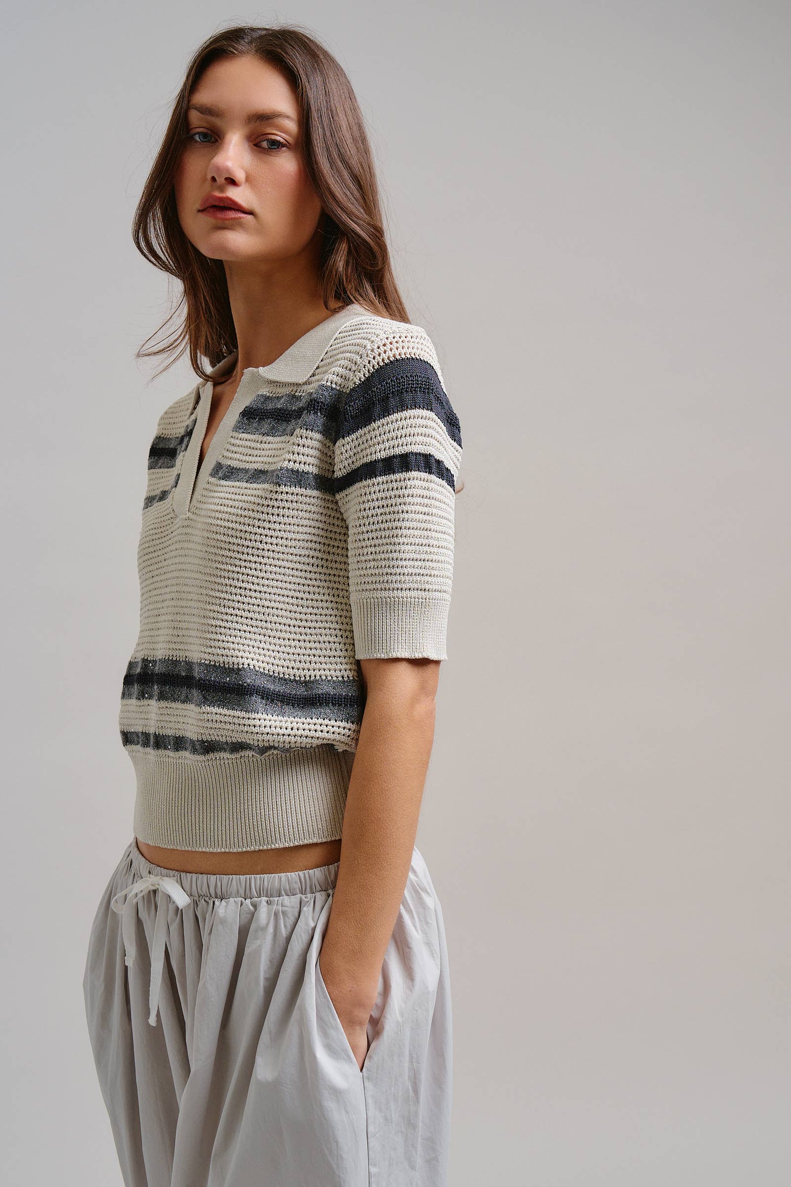 Retro Striped Open Knit V-Neck Polo
