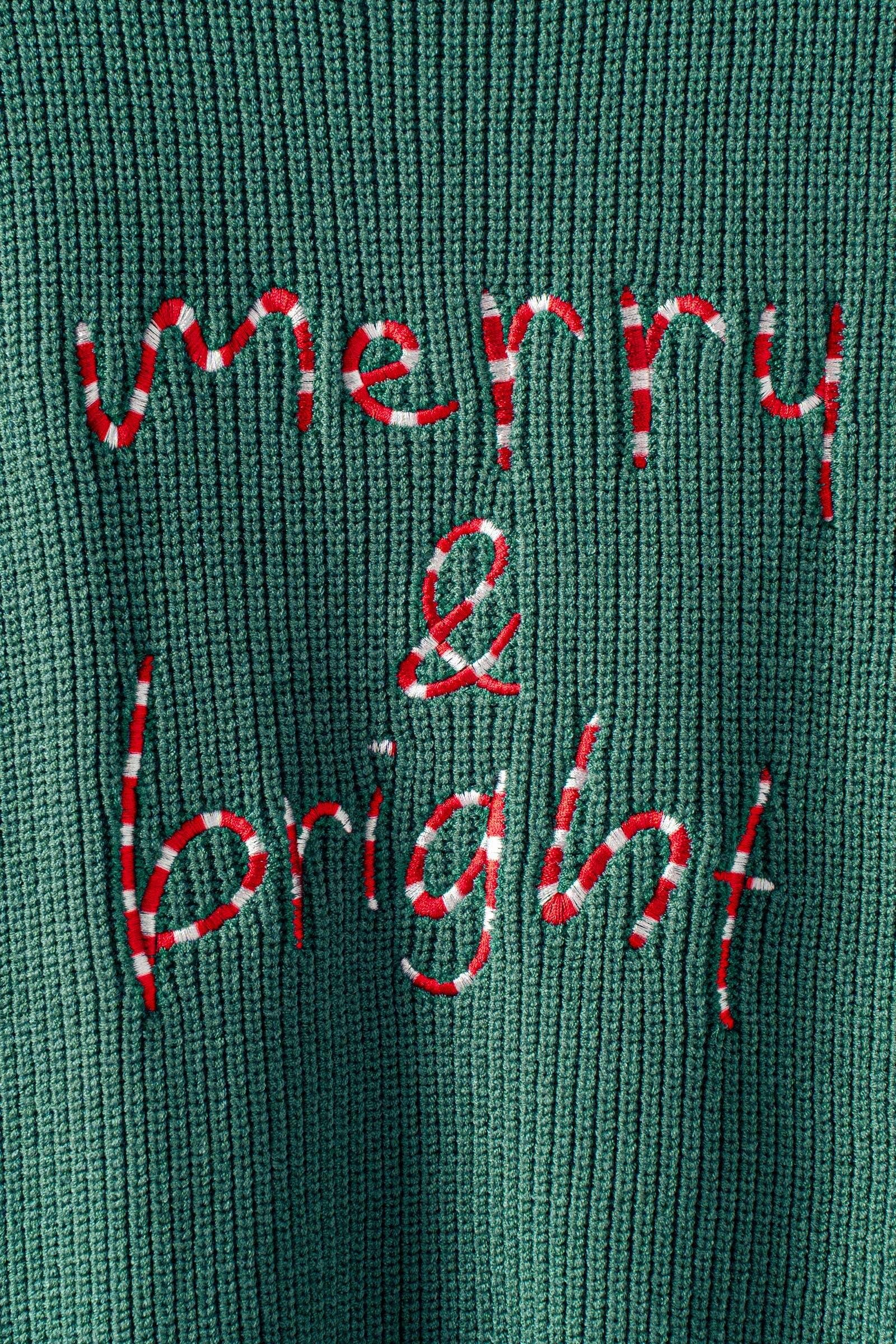 "Merry & Bright" Graphic Sweater with Striped Trim