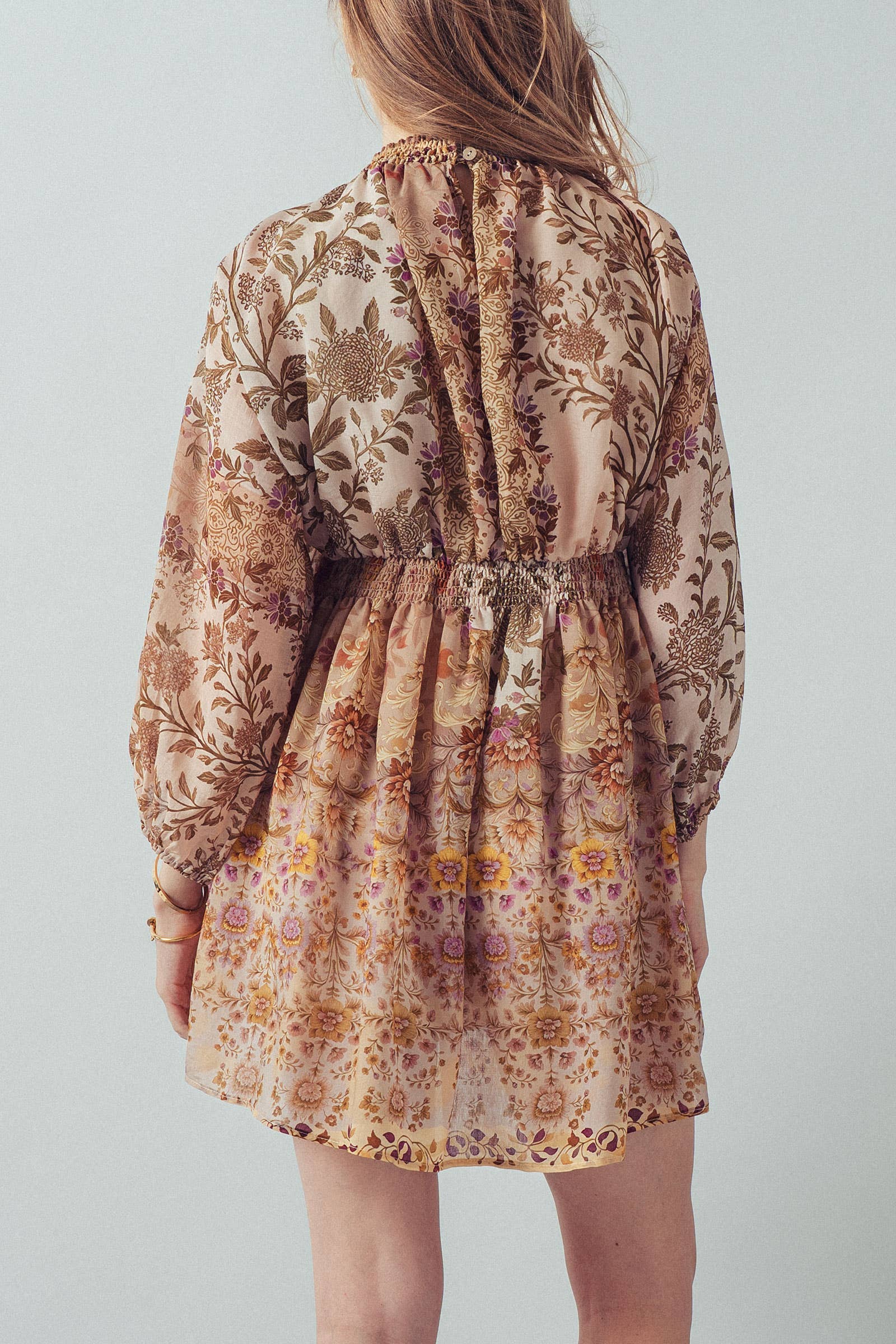 Urban Daizy Mixed-Print Boho Smocked Waist Mini Dress Taupe-Multi Dress - Women's (UDZ-DR-00478) – alternate view 8