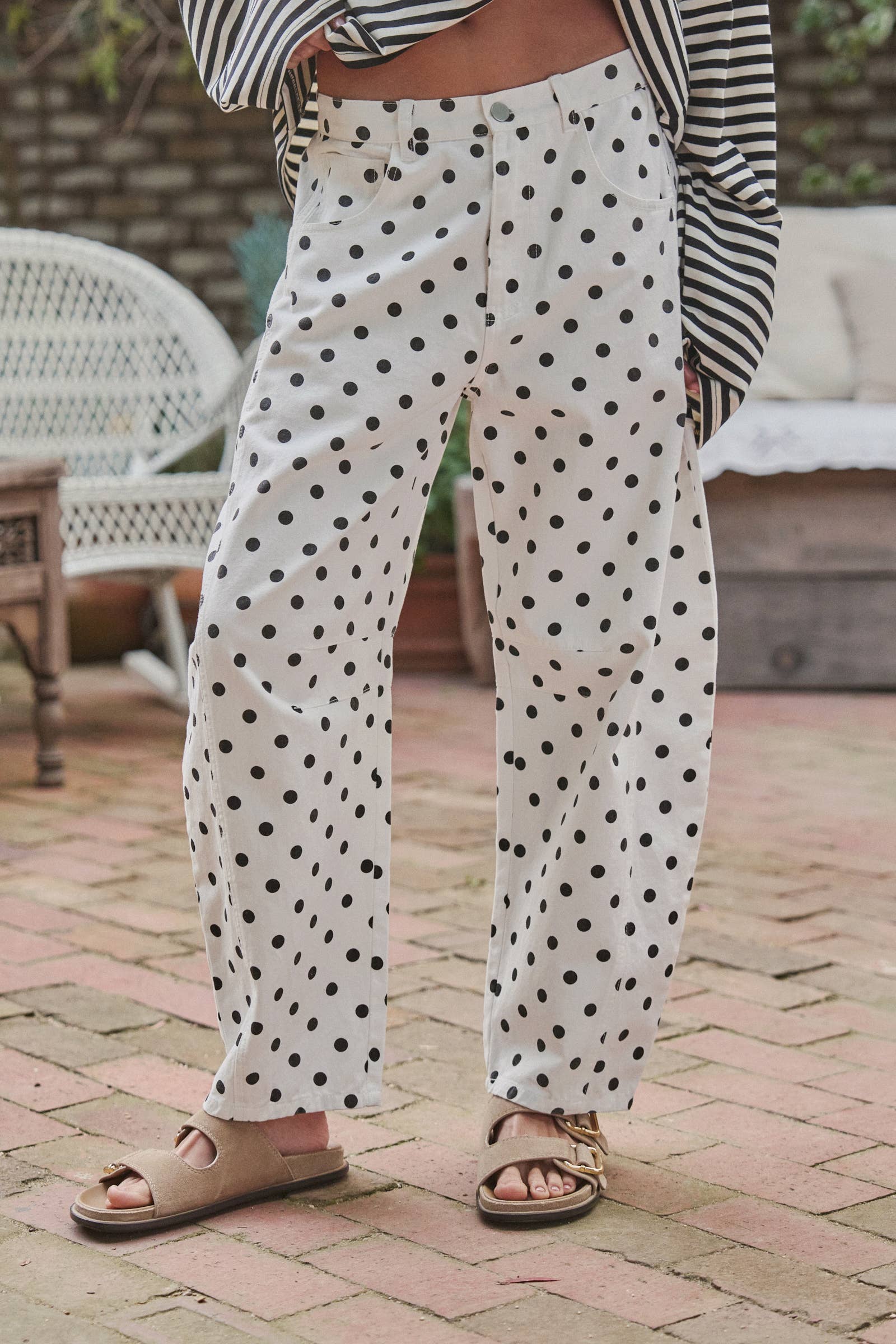 Polka Dot Print Cotton Barrel Leg Jeans
