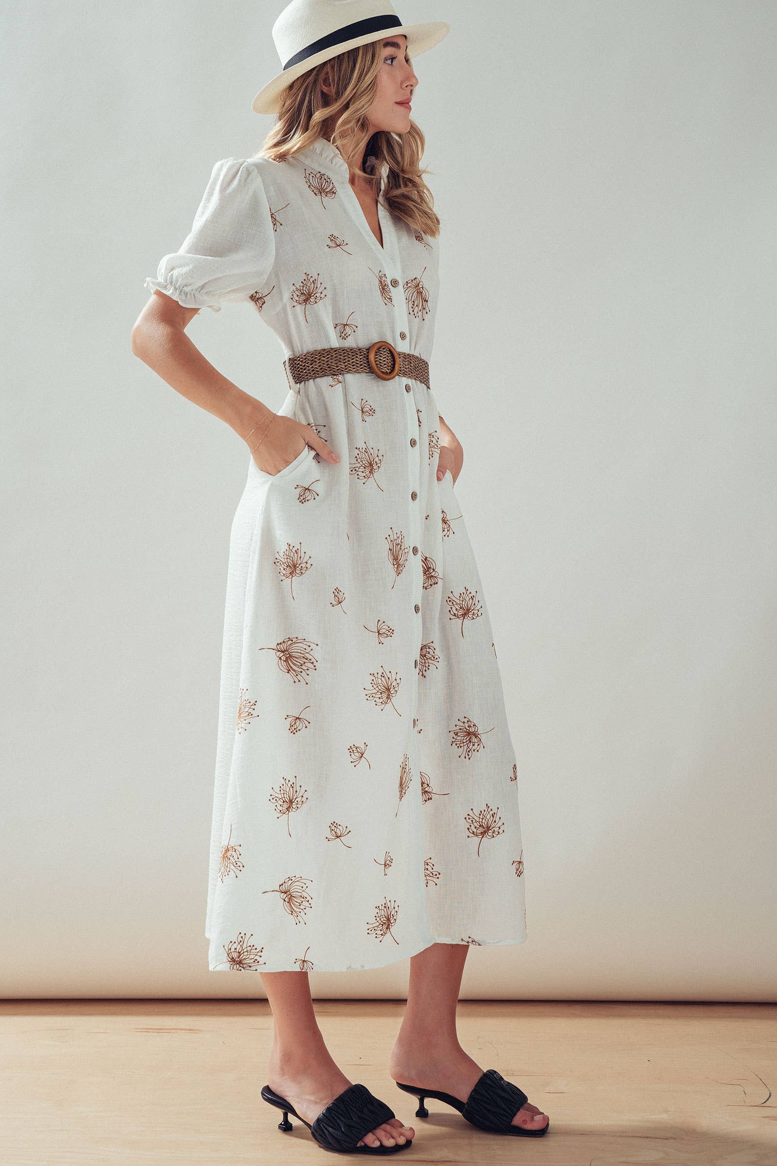 Embroidered Linen Blend Button Front Midi Dress