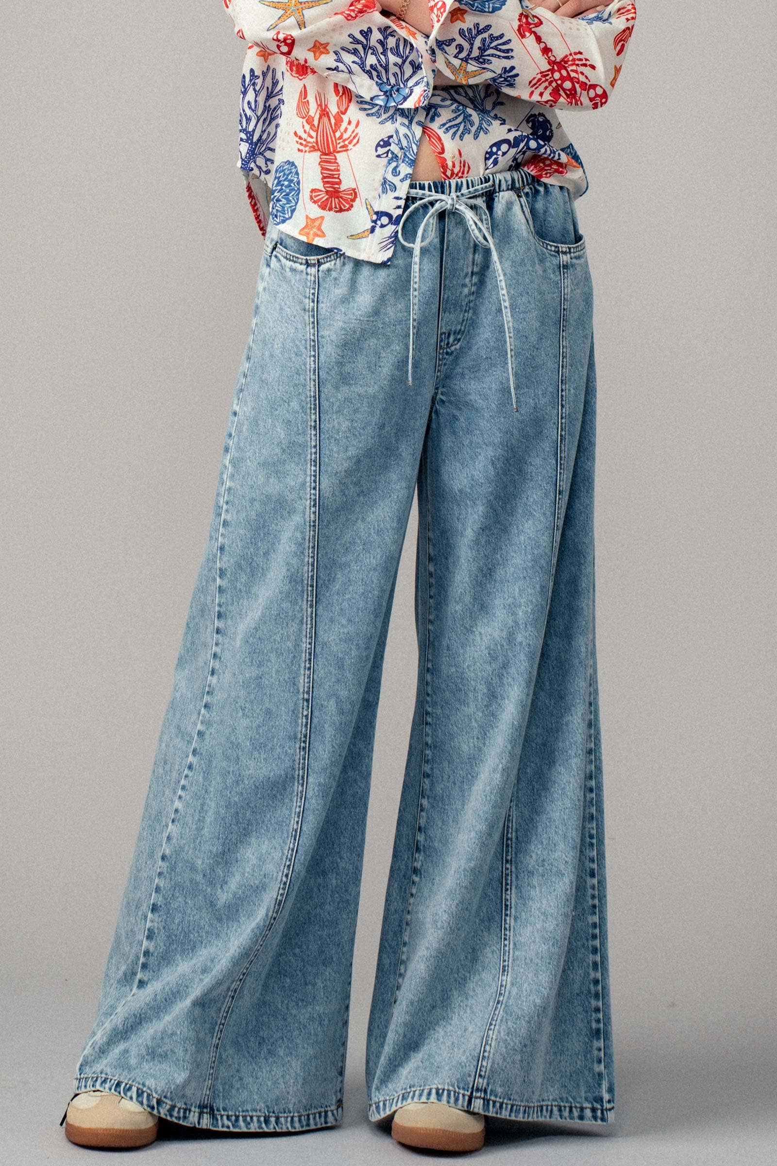 Relaxed Wide Leg Drawstring Western Pants