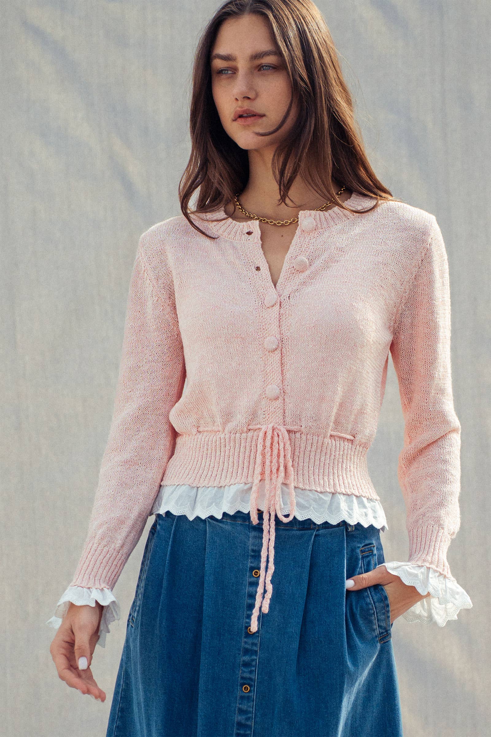 Eyelet Trim Peplum Drawstring Cardigan