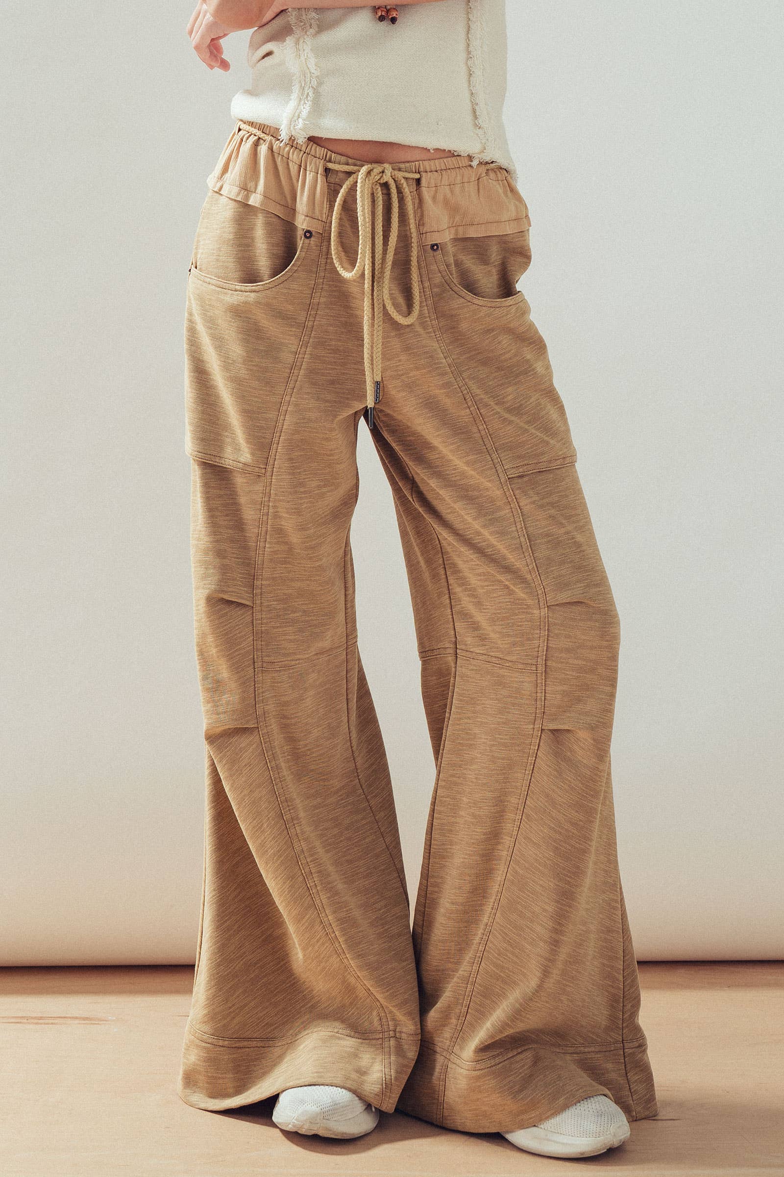 Drawstring Waist Seam Detail Wide-Leg Pants