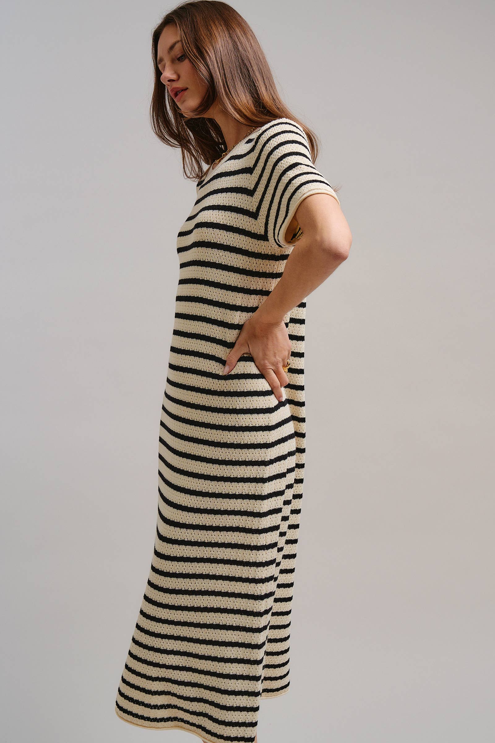 Striped Crochet Knit Short Sleeve Midi Dress