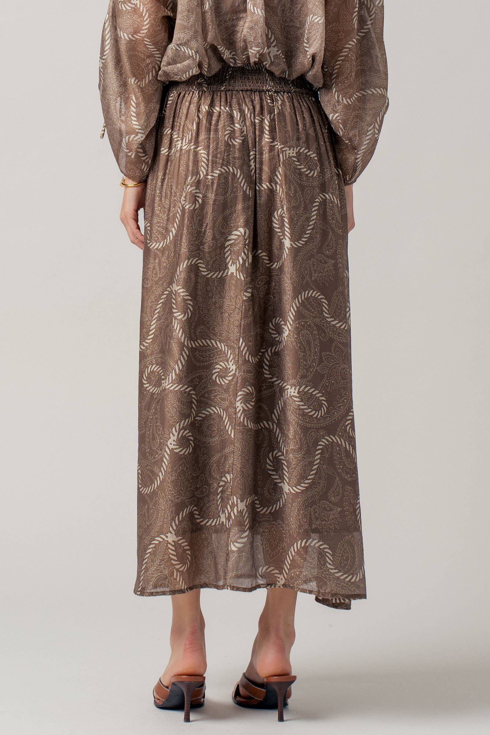 Rope Print Smocked Waist Maxi Skirt Linen Silk