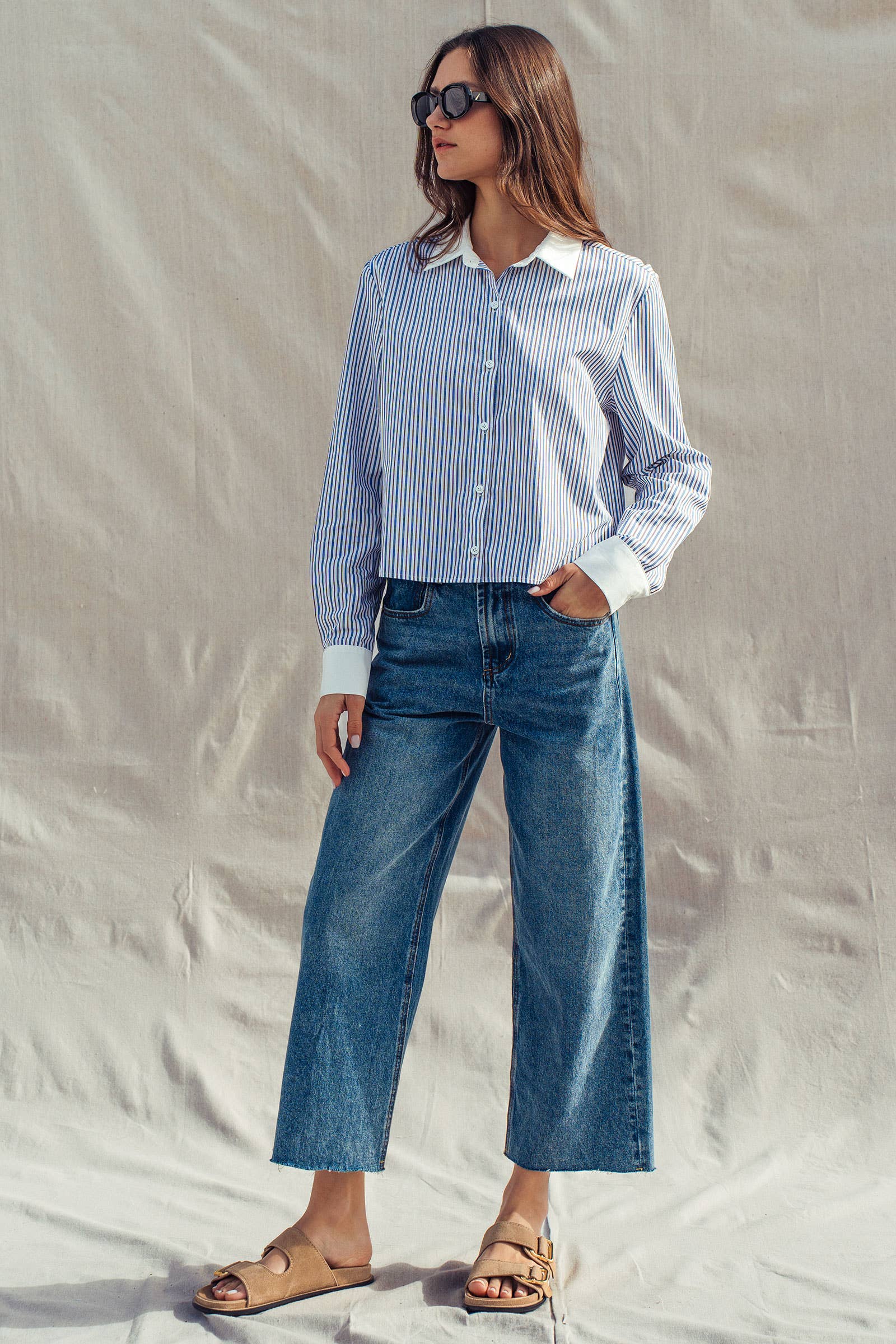 Stripe Contrast Collar Button Down Shirt