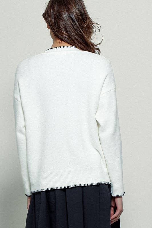 Urban Daizy Contrast Stitch Button Front Relaxed Knit Cardigan Ivory Cardigan - Women's (UDZ-KN-00413) – alternate view 3