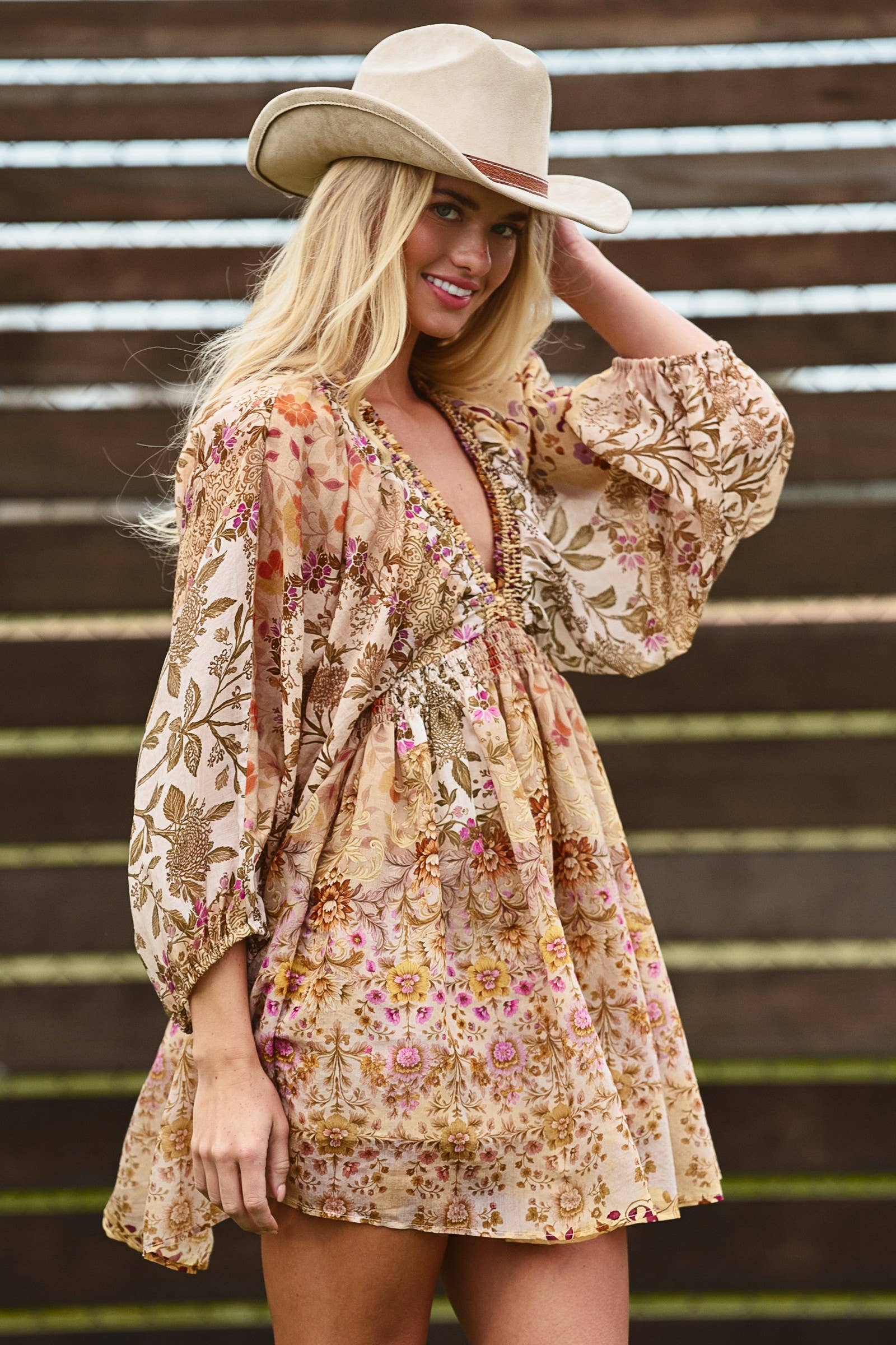 Urban Daizy Mixed-Print Boho Smocked Waist Mini Dress Taupe-Multi Dress - Women's (UDZ-DR-00478) – alternate view 3