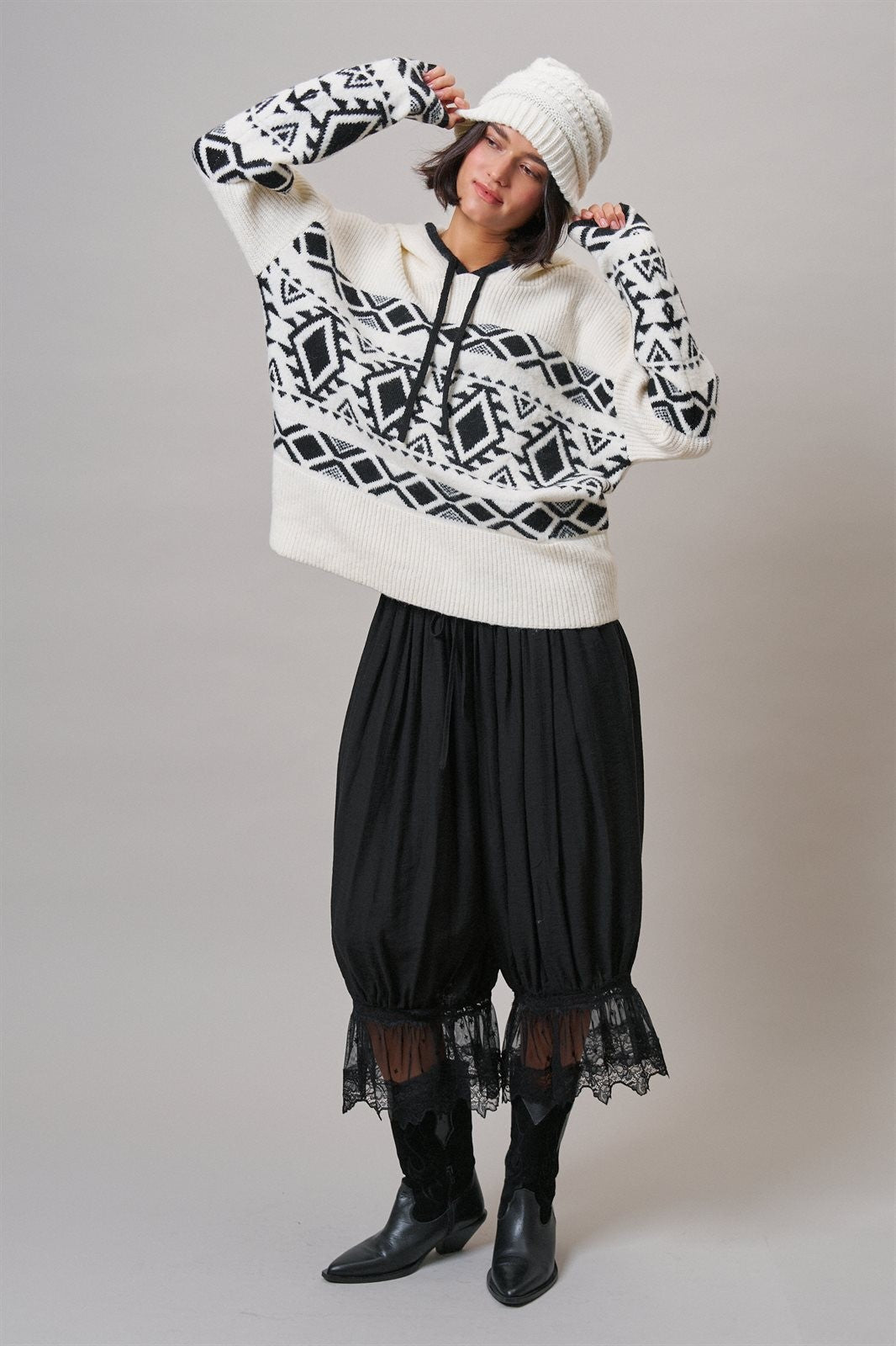 Nordic Fair Isle Hooded Sweater Wool Blend in IVORY BLACK - Women's Sweaters | Urban Daizy