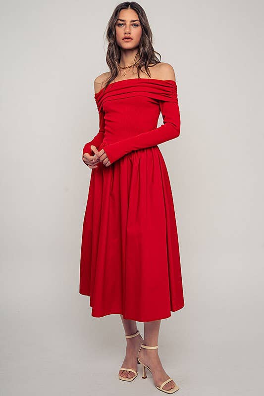 Urban Daizy Elegant Off Shoulder Ruched Long Sleeve Spring Midi Dress Red Dress - Women's (UDZ-DR-00366) – alternate view 3
