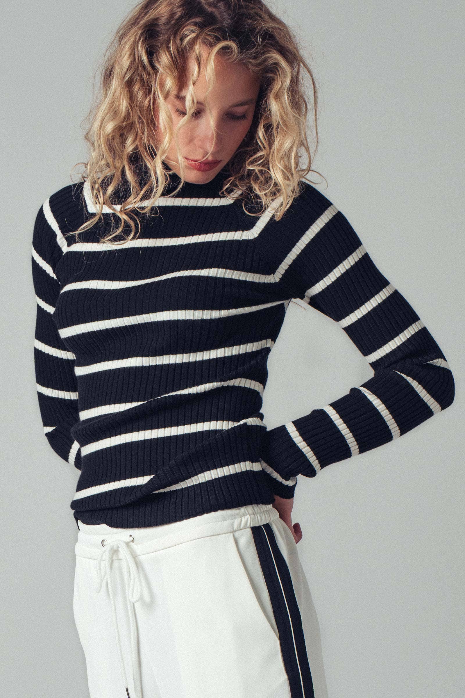 Striped Mock Neck Ribbed Sweater