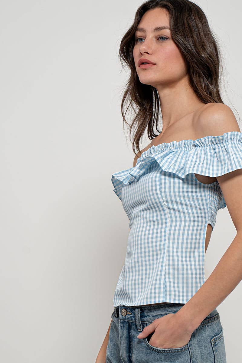 Urban Daizy Gingham Ruffle Off-Shoulder Crop Top Pink Blouse - Women's (UDZ-TP-01034) – alternate view 27