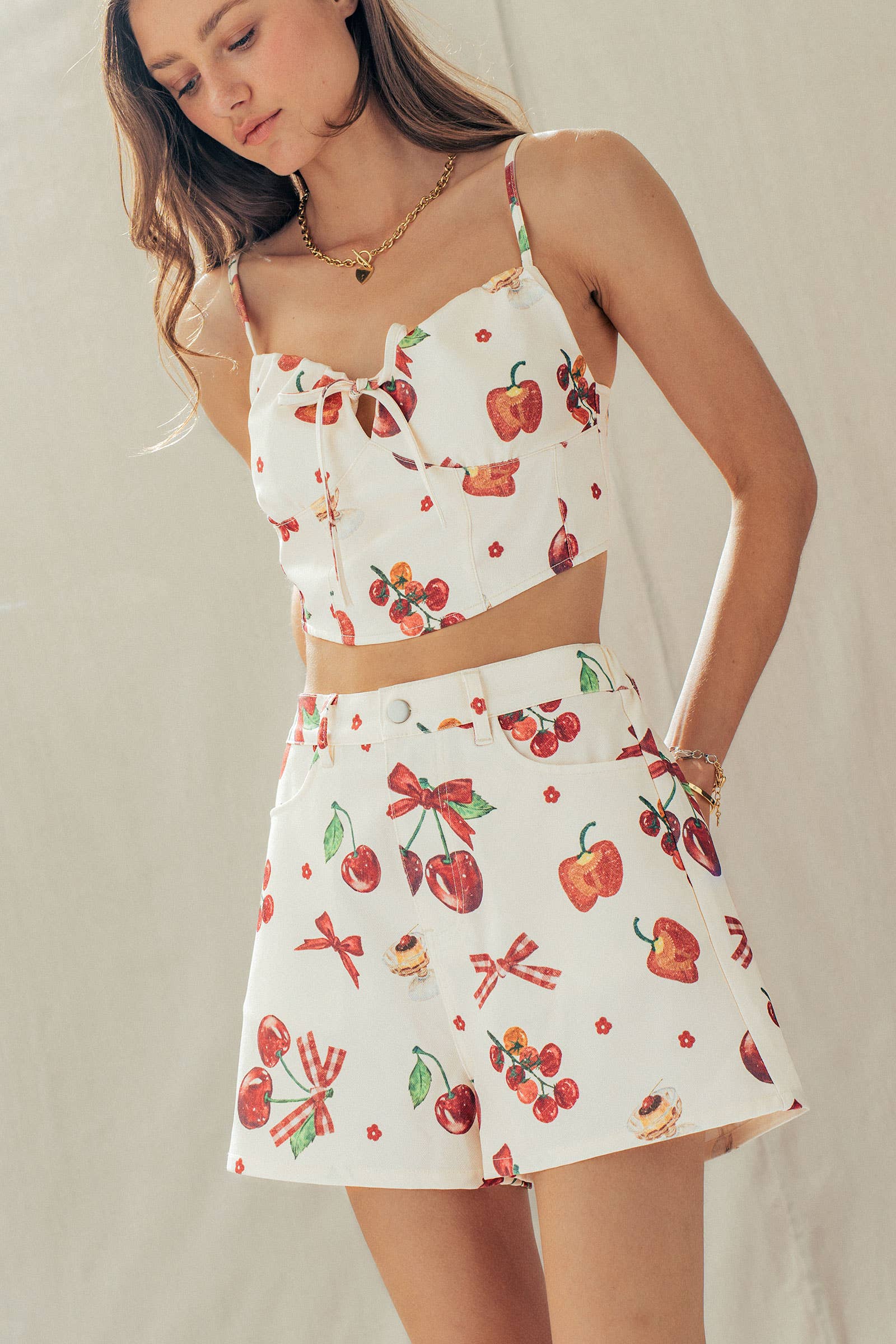 Urban Daizy Cherry & Bow Print Cotton Two-Piece Set Ivory-Multi Top & Short Set (NOT Loungewear) - Women's (UDZ-AC-00237) – alternate view 7